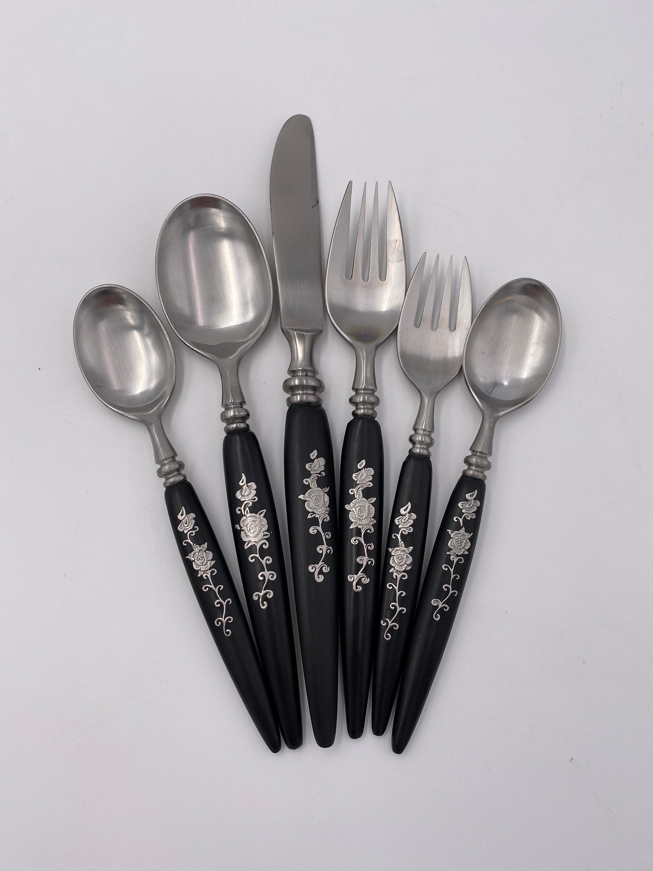 RARE Vintage Flatware Set, Forged Stainless With Black Handle