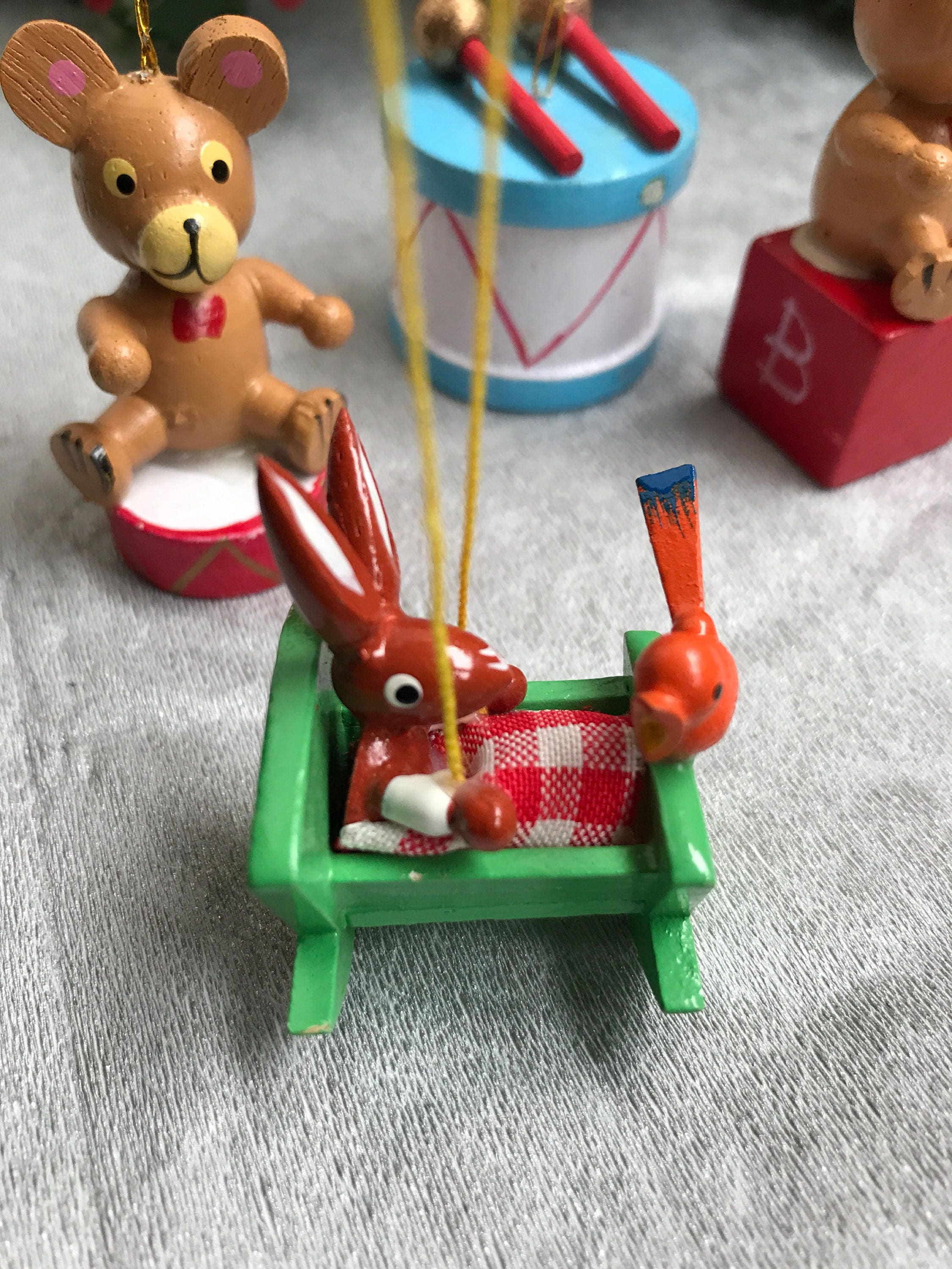 Vintage Wooden Christmas Ornaments, set of miniature toy Christmas