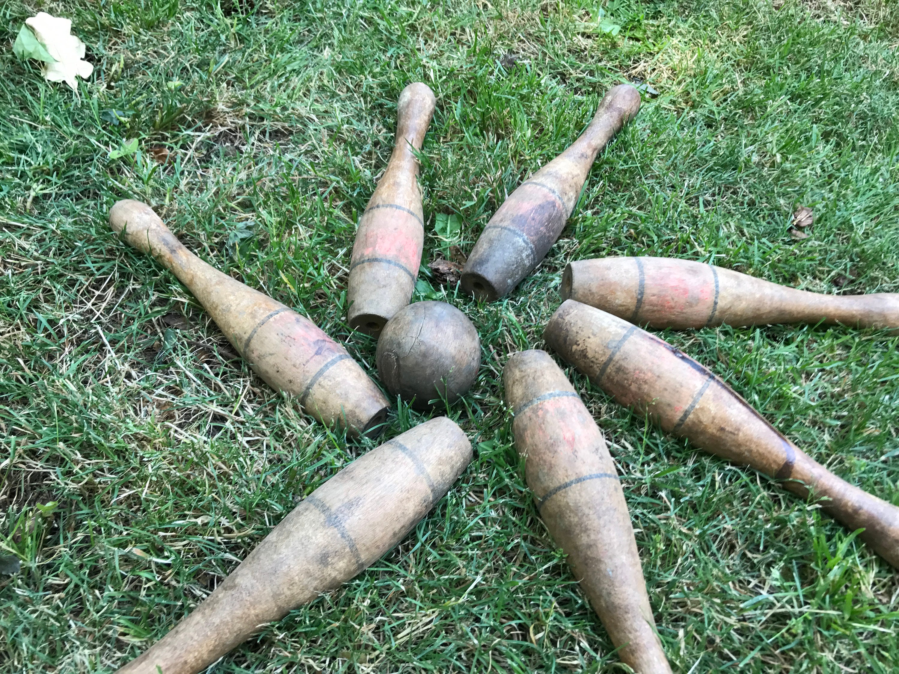 Vintage Wooden Bowling game, game of ten pins, Turned wood pins and