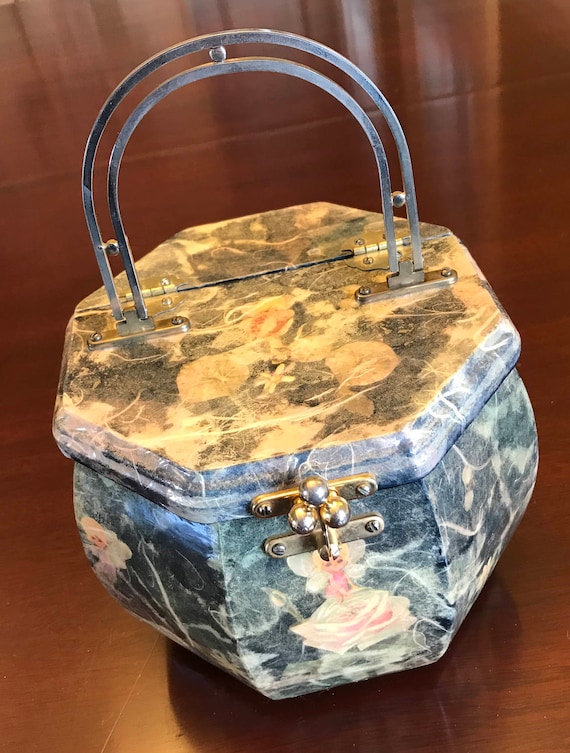 Vintage Box Purse, Fairy Flower Box Purse, Découpaged Wood Purse, 1970s Granny Chic, Handmade purse