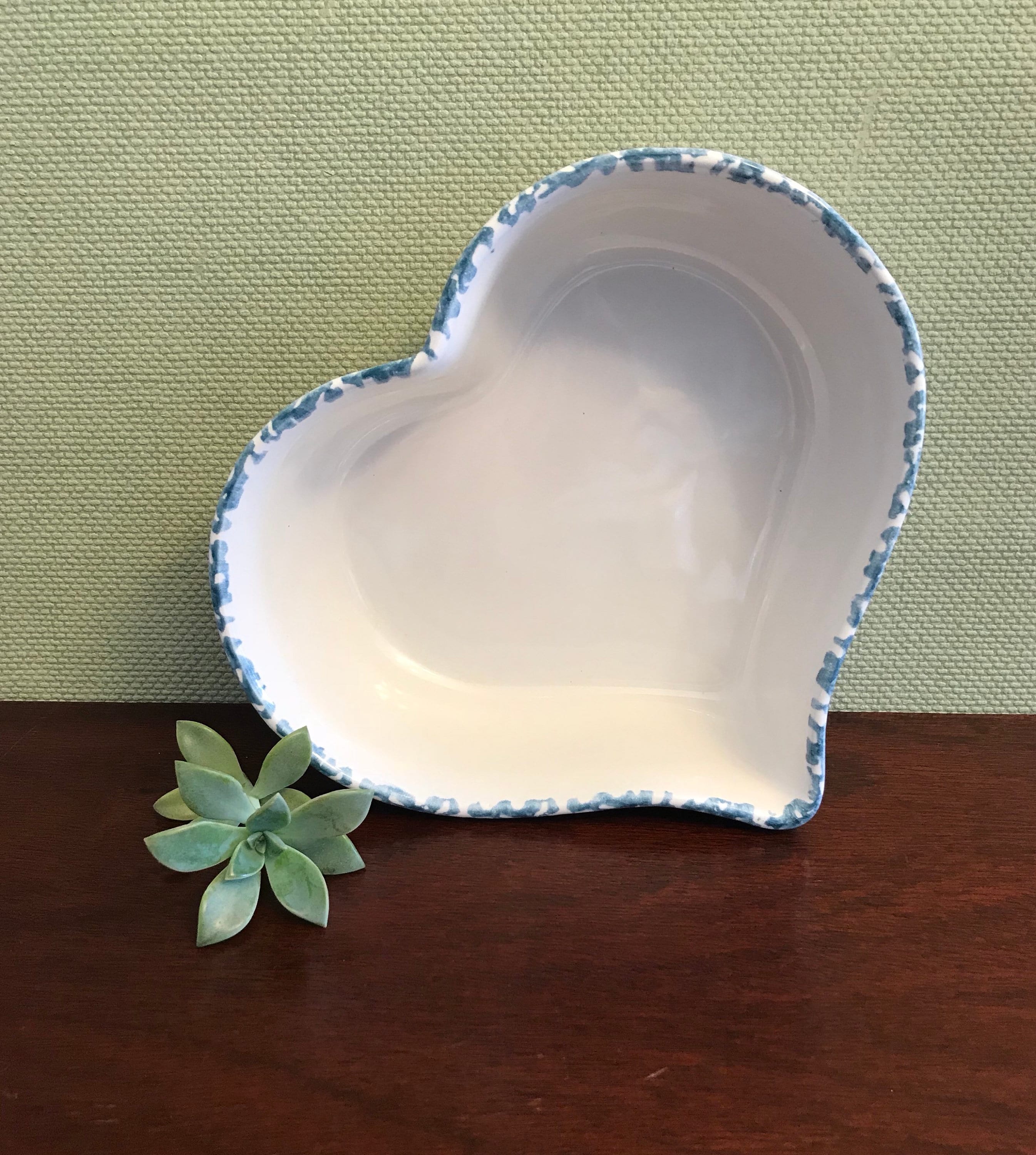 Heart shaped ceramic bowls, blue spongeware bowl set, nesting bowls