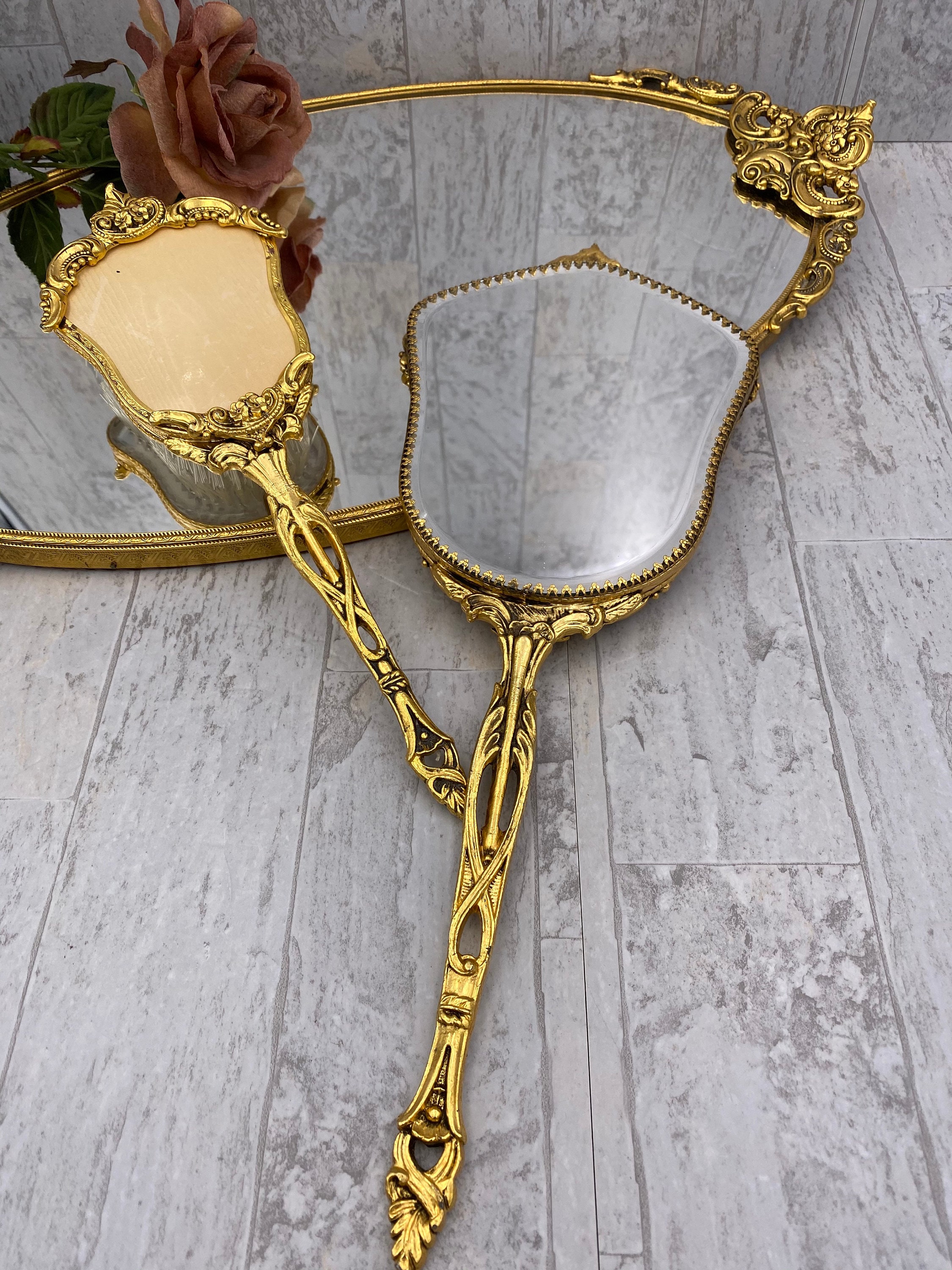 Vintage Vantity Set, Stylebuilt 24 kt Gold Plated Ormolu Dresser mirror
