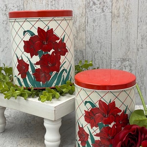 Red Flower Pattern Vintage Metal Tin Canister Set, Country