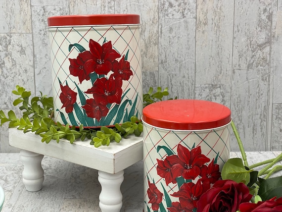 Vintage Red flower Tin Canisters, 2 piece set, Kitschy Kitchen Storage, Camp Cabin, Vintage trailer, Rustic Home Decor