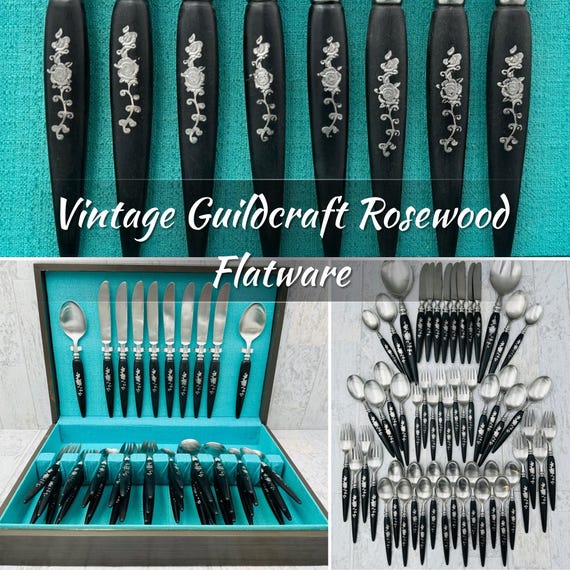 Vintage Guildcraft Rosewood Flatware Set: Floral Inlay, Silverware Chest + Carving set