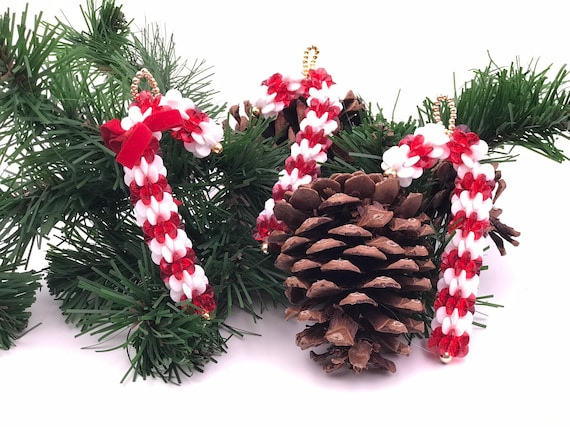Vintage Beaded Christmas Candy Cane Ornaments, 1970s Beaded Christmas Ornaments, 3 Handmade Christmas Candy Cane Ornaments