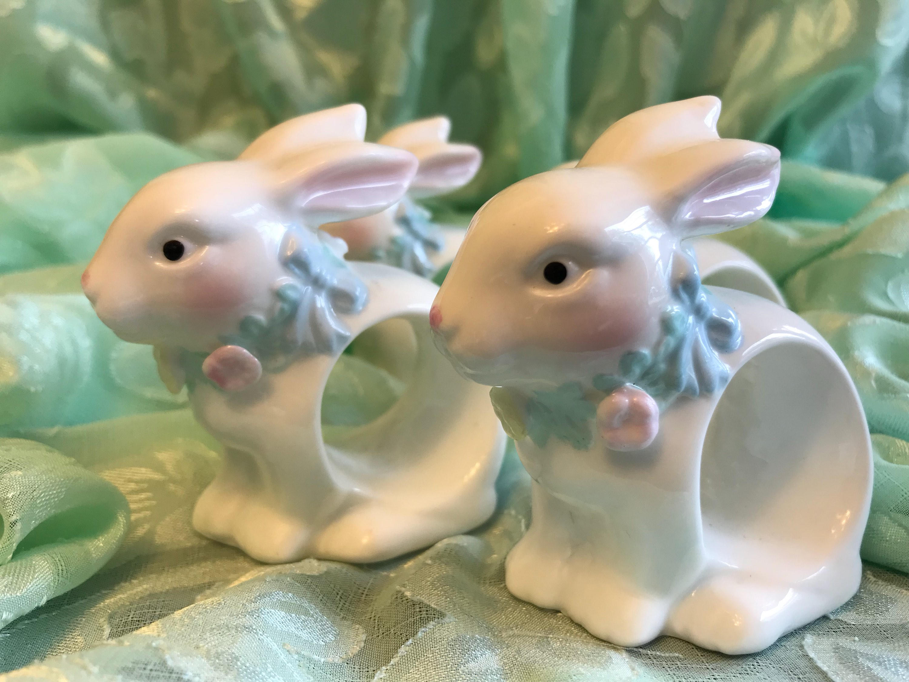 Porcelain Bunny Napkin Rings, Figural Bunny Napkin Rings, 4 piece