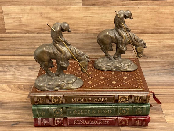 Vintage Indian Bookends End of the Trail, Bronze Patinated Cast Iron Collectible Bookends, Native American Decor, Office, Man Cave, gift