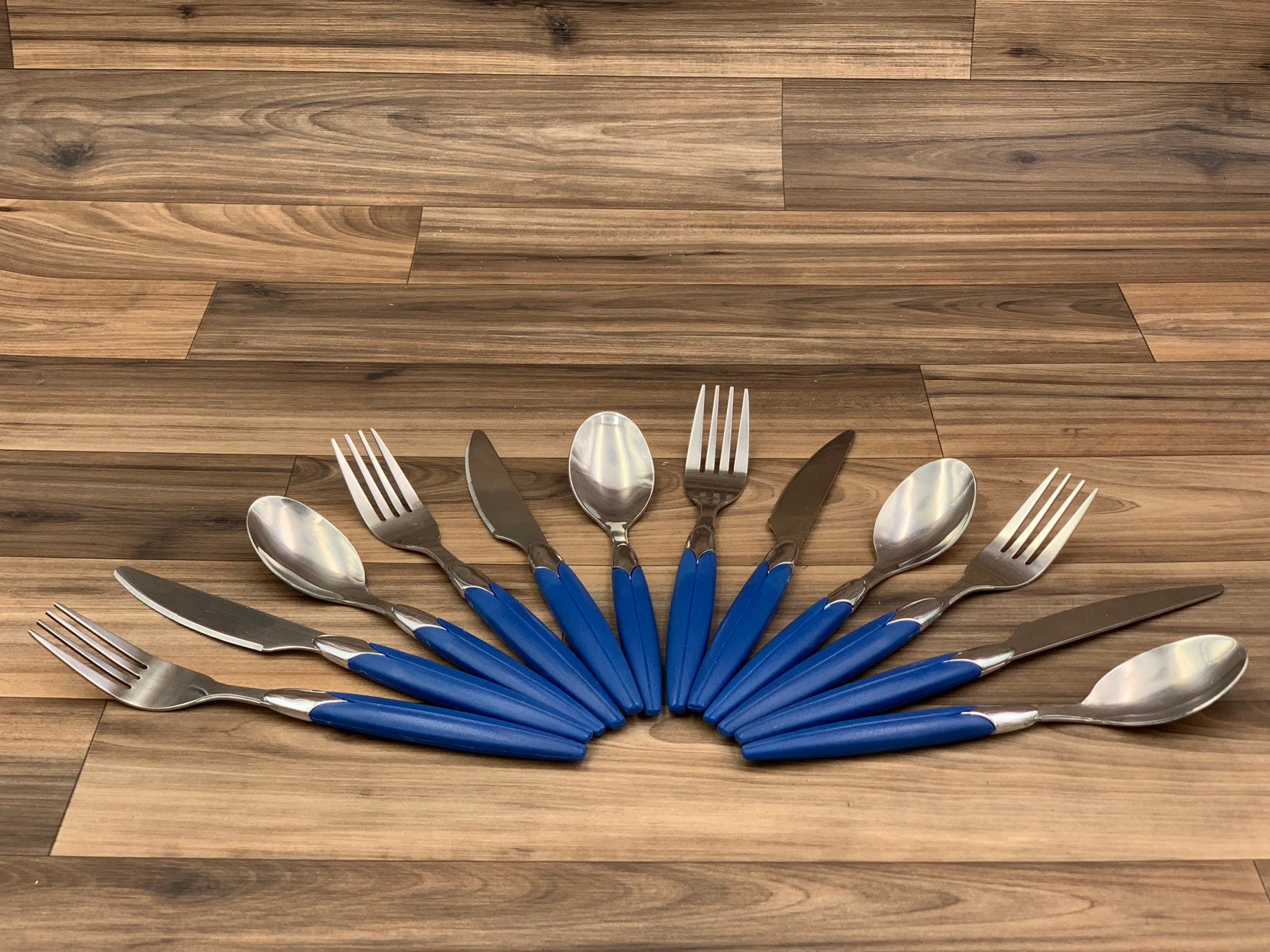 Vintage Flatware set Stainless Steel with Blue Plastic Handles Picnic