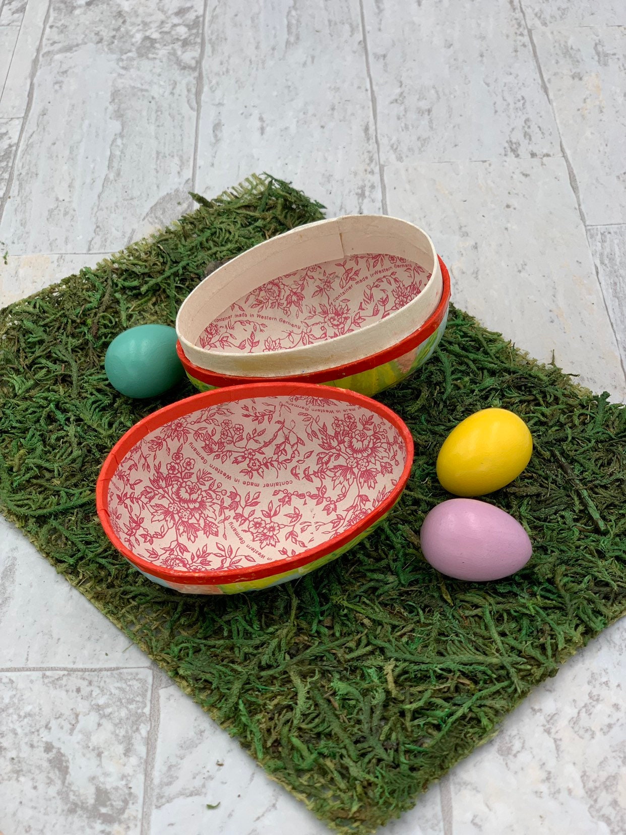 Vintage Paper Mache Easter Egg box, Chicks in a Boat Easter Candy
