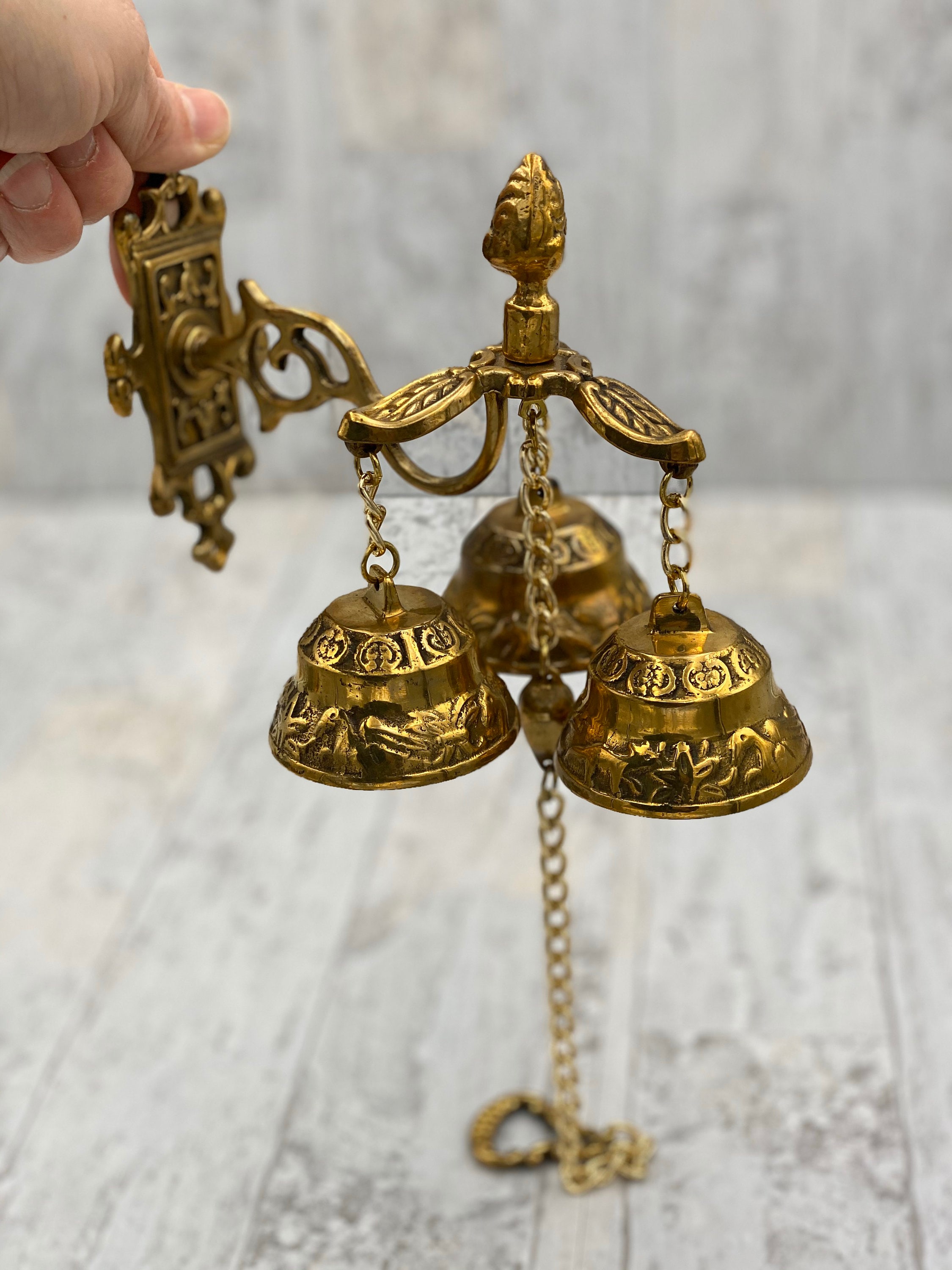 Vintage Solid Brass Door Bell, Ornamental Gate Bell, Reclaimed Hardware Home decor 3 Bell Pull