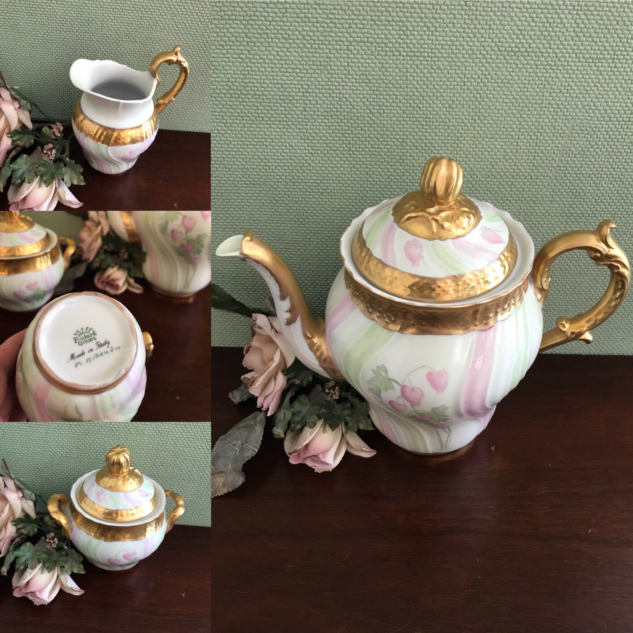 Vintage Hand painted Tea Set, Floral Teapot with matching cream and sugar