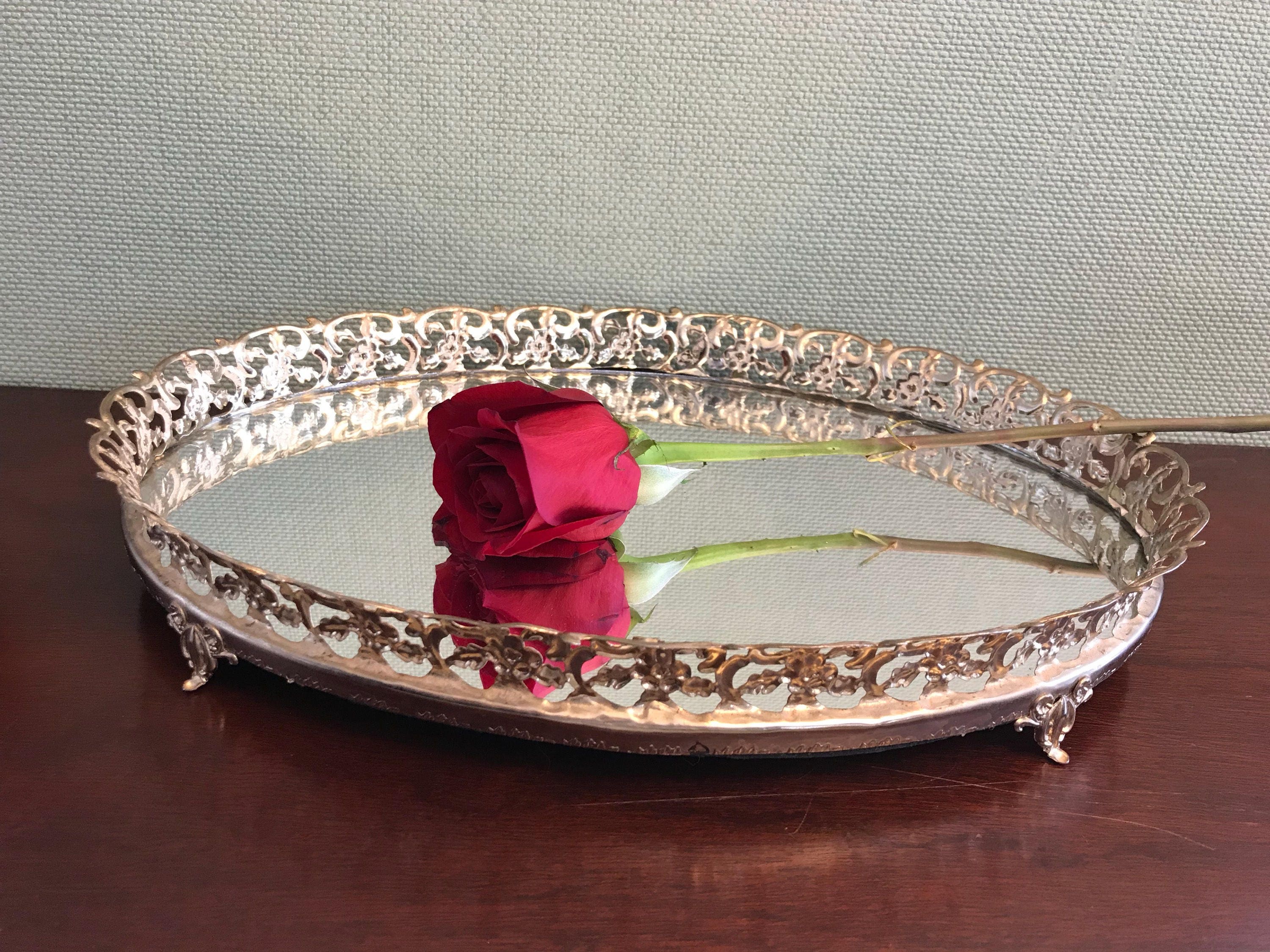 Oval Vanity Mirror Tray, Gold Filigree Mirror Tray, oval shaped Tray