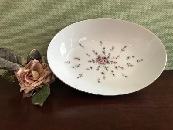 Vintage Harmony House Rosebud China serving bowl, pink Rosebuds platinum trim, Oval Serving bowl, Vegetable Bowl, Cottage Chic, Rose bowl
