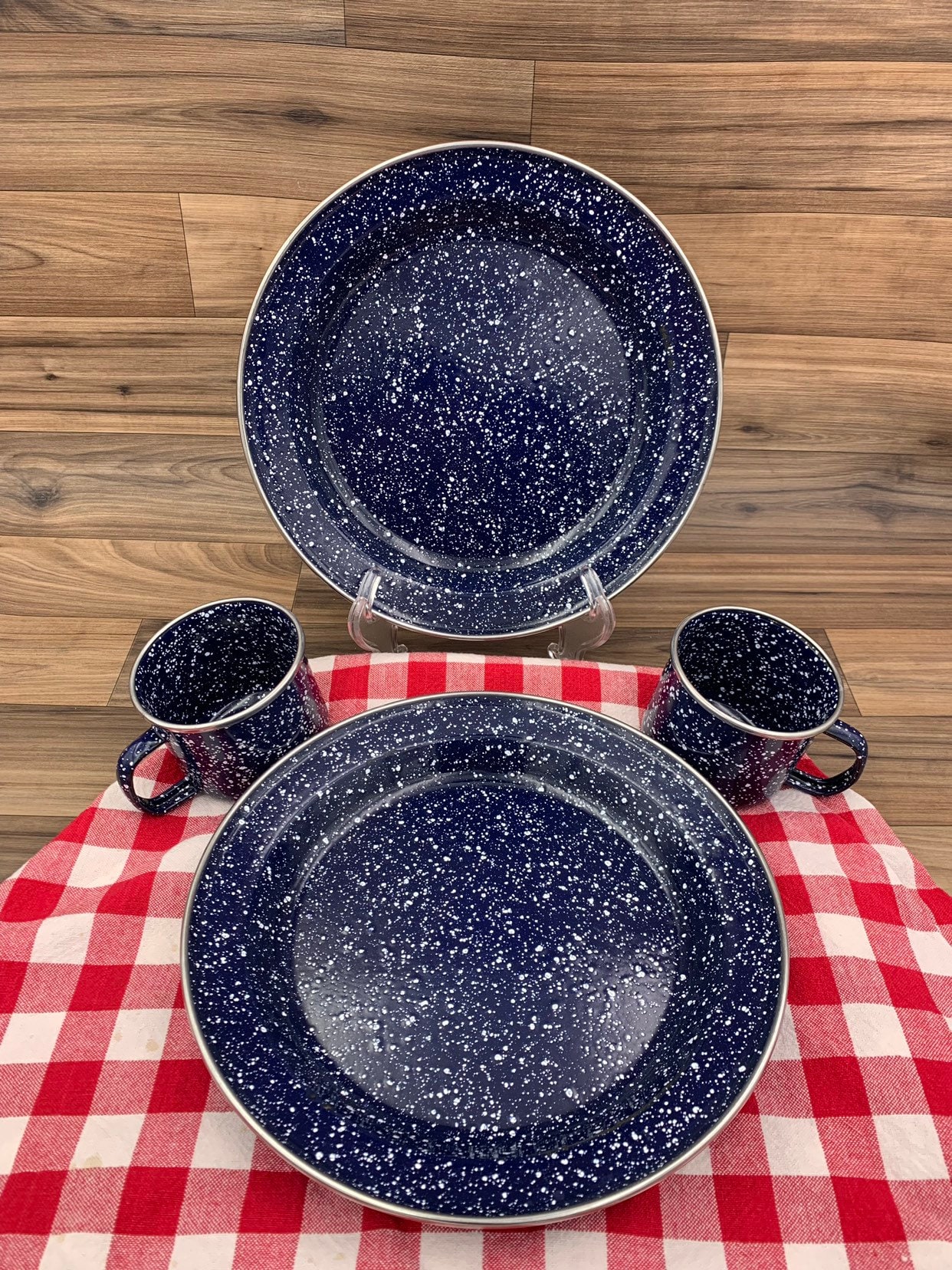 Vintage Graniteware Plates and Cups Enamel ware Dish sets for 2, Rustic