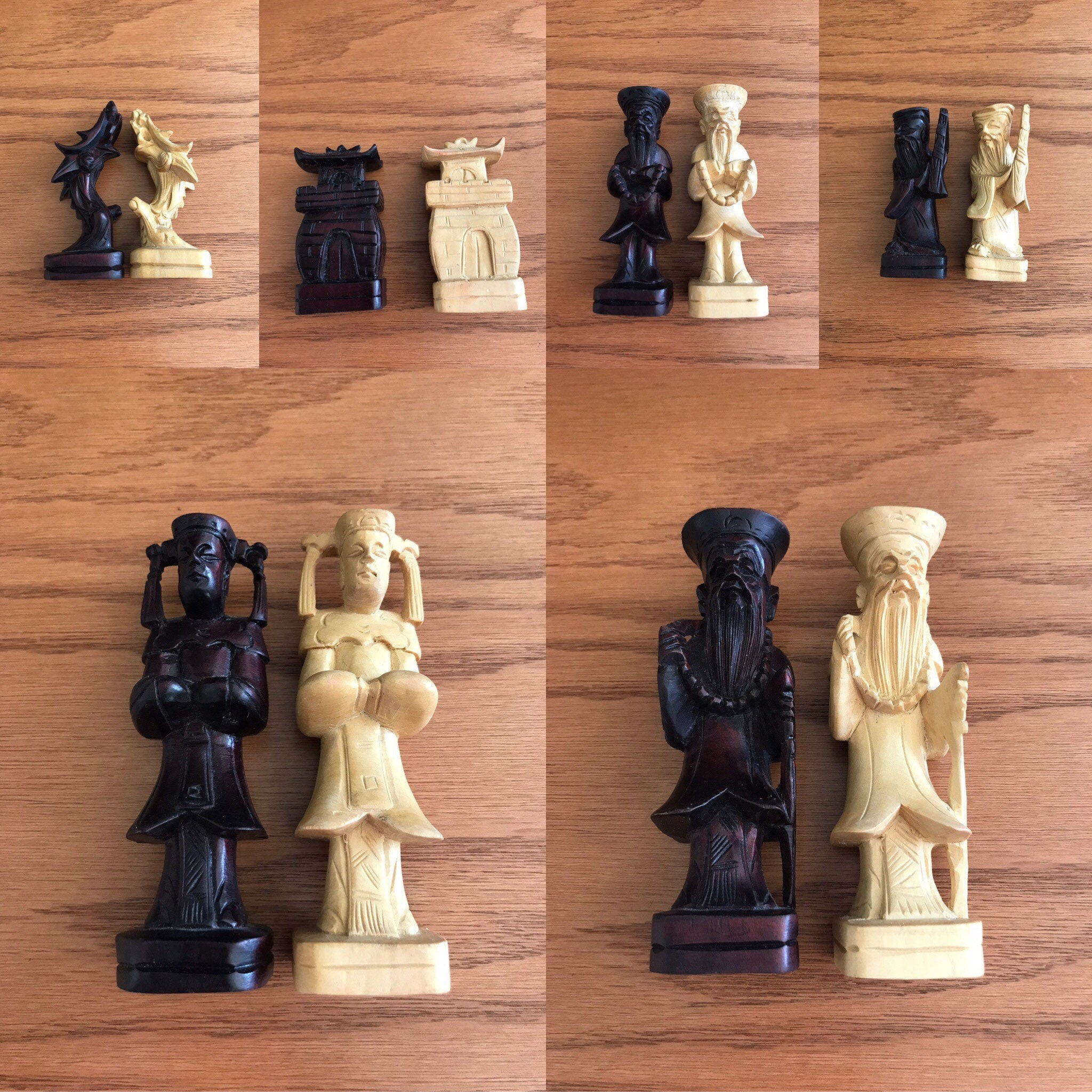 Large Asian Chess Set, Vintage Hand Carved Chess set, Carved wood chest
