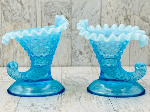 Vintage Glass Candlestick holders Hobnail Blue Opalescent Turquoise matching pair
