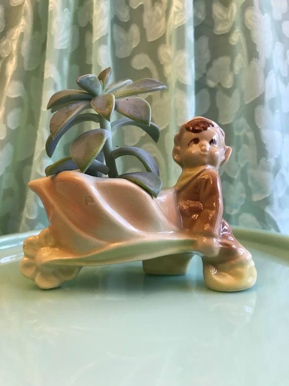 Vintage Pixie Elf Planter, Little Elf with Wagon Planter, Googly eyed Pixie Elf Planter, Succulent Planter, flower Elf Planter, Spring Decor