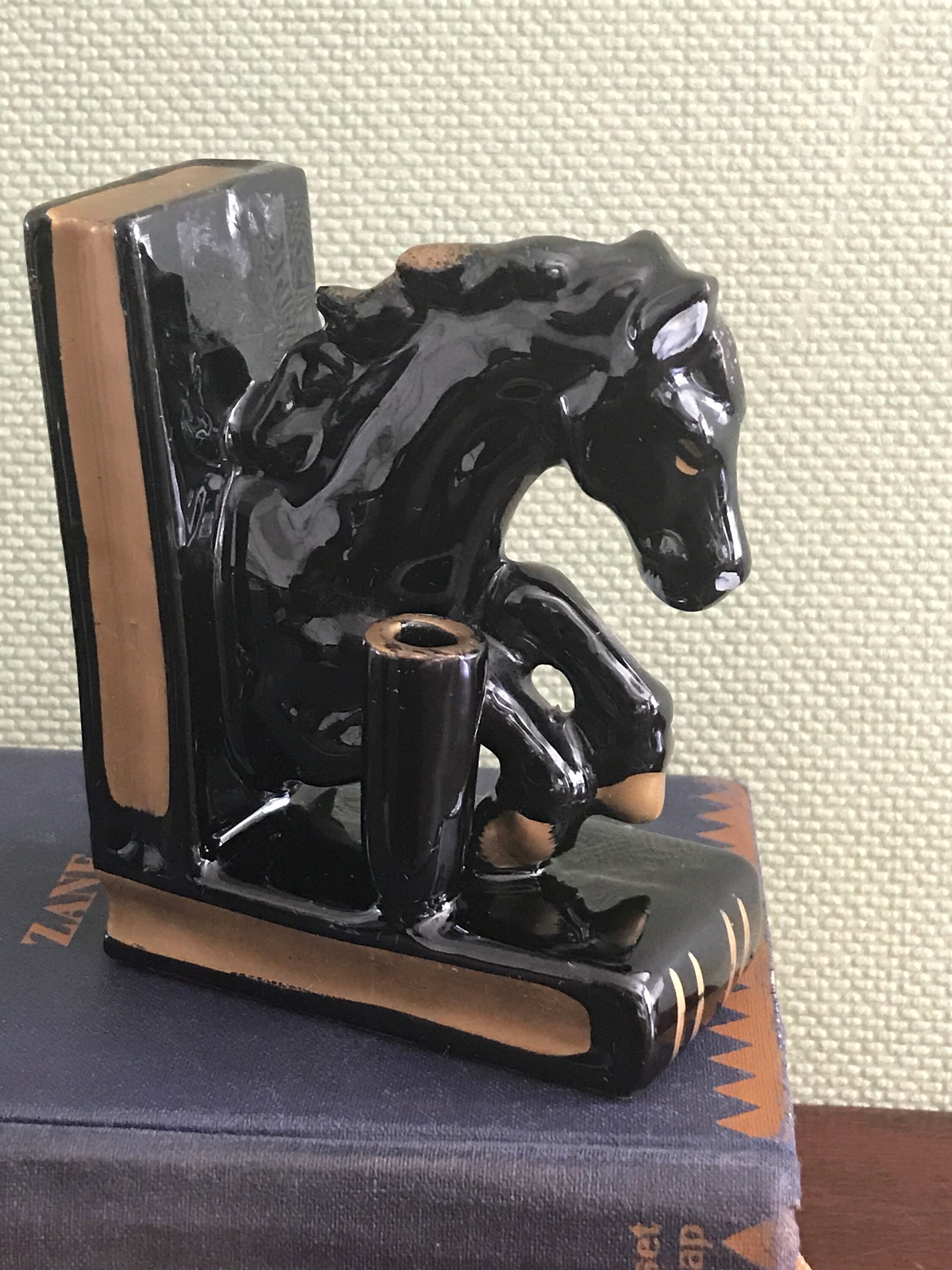 Vintage Black Horse Bookends Ceramic horses on books Equestrian Bookend