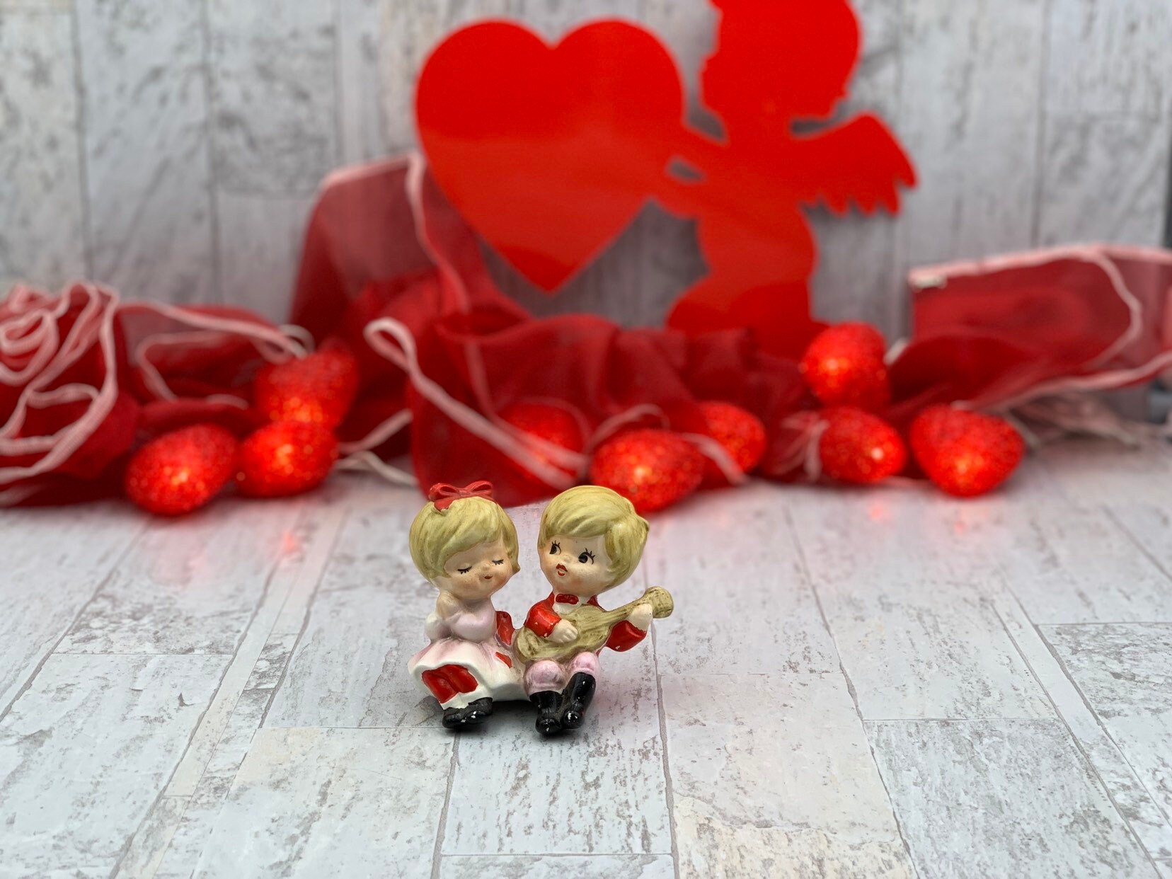 Vintage Valentine figurines, Boy Serenading a girl, Ceramic Valentine