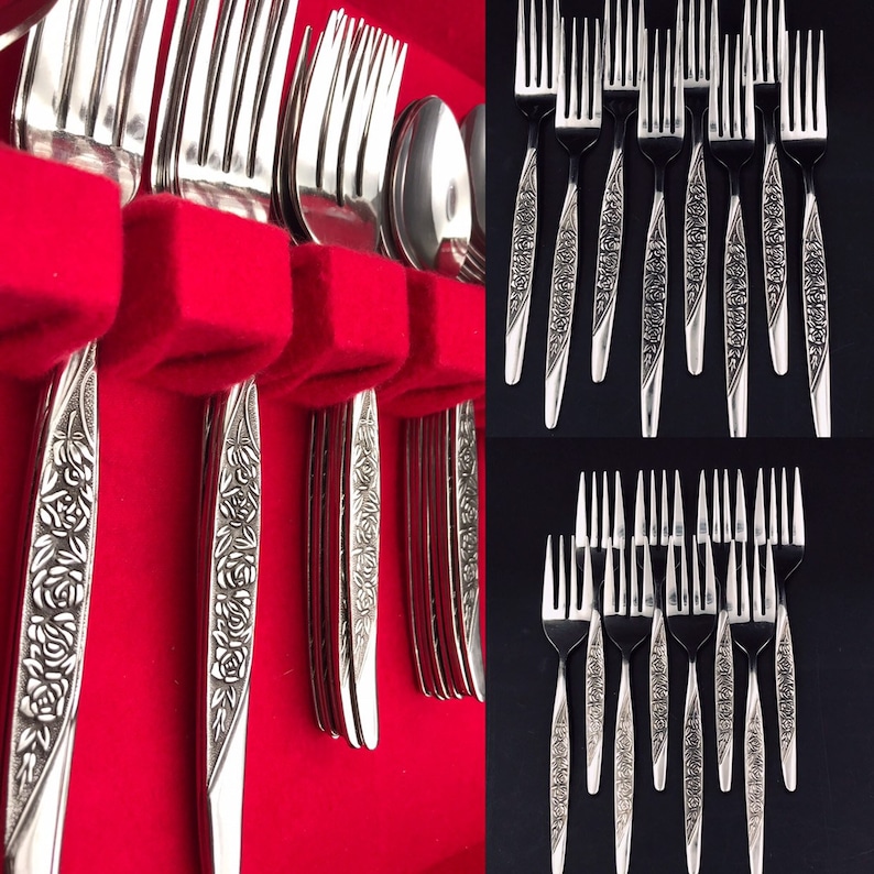 Vintage Caress by National Stainless Flatware set Vintage Silverware chest service for 8 glossy Stainless Floral embossed silverware