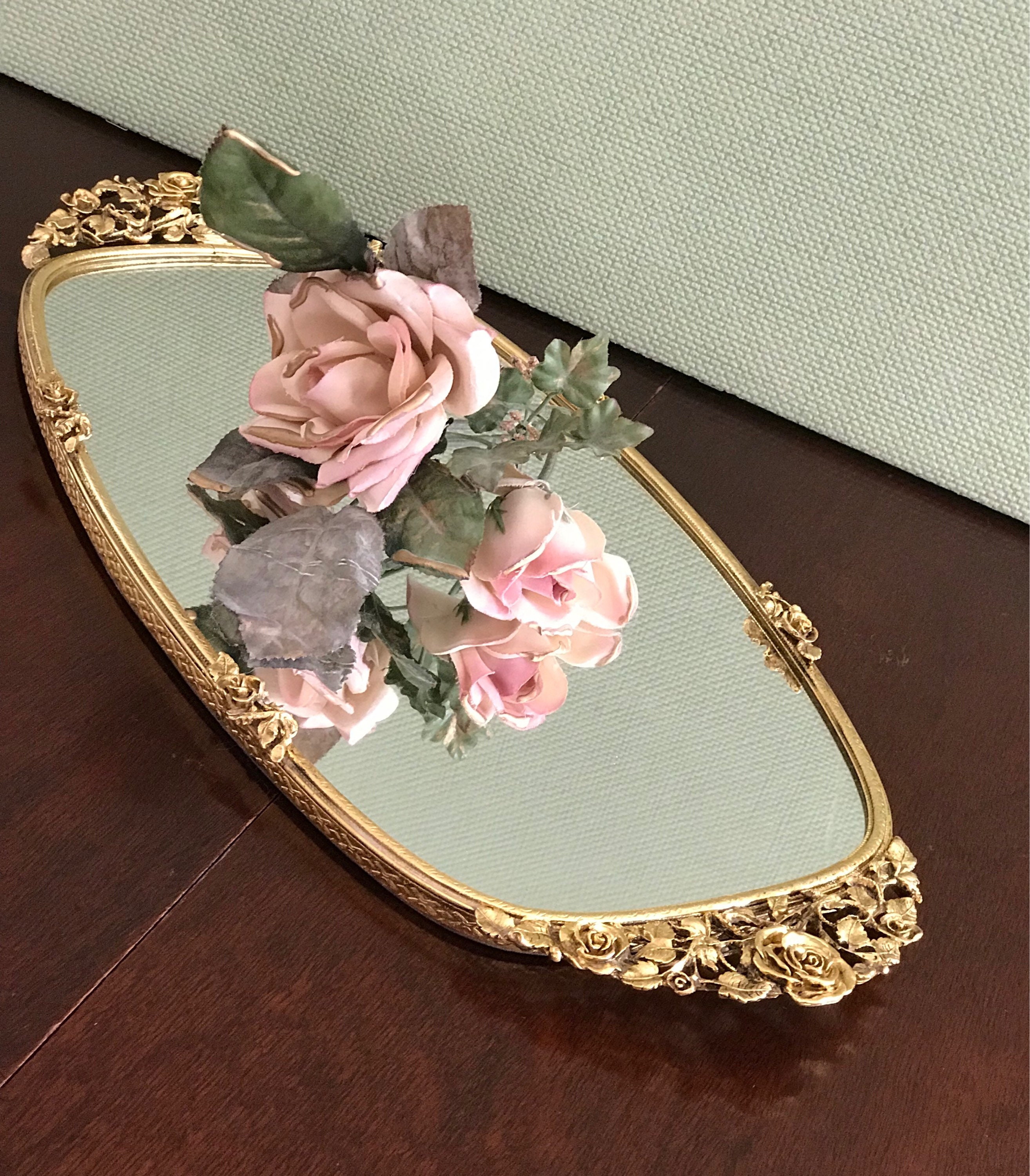 RESERVED FOR KATE Vintage Gold Roses Vanity Mirror Tray, Matson 24ct