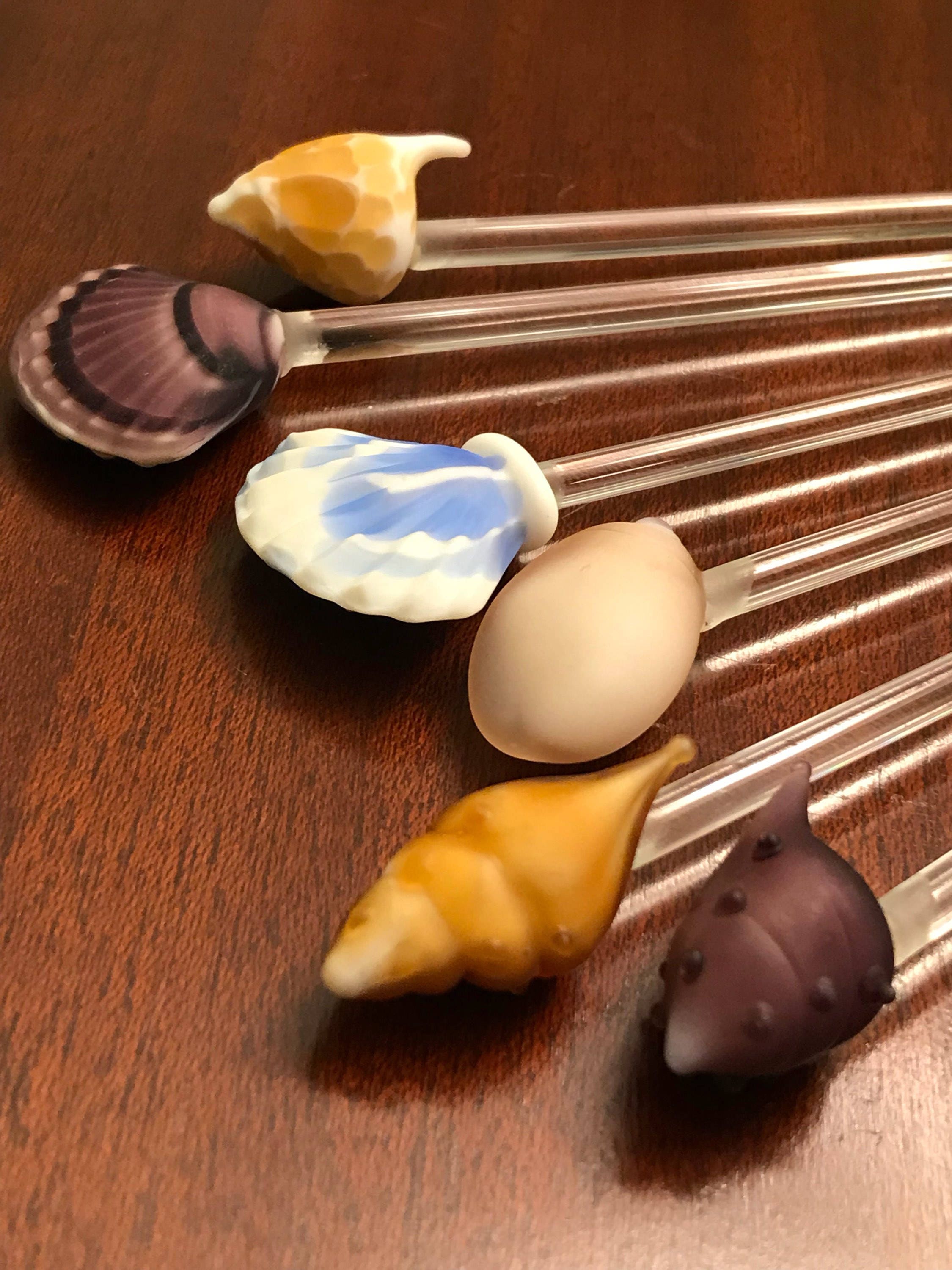 Shell Shaped Glass Swizzle Sticks, Glass stir sticks, Beach themed