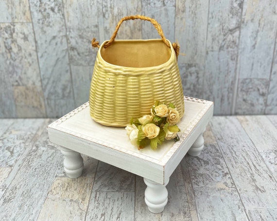 Vintage Ceramic Basket, wall pocket, with raffia handle