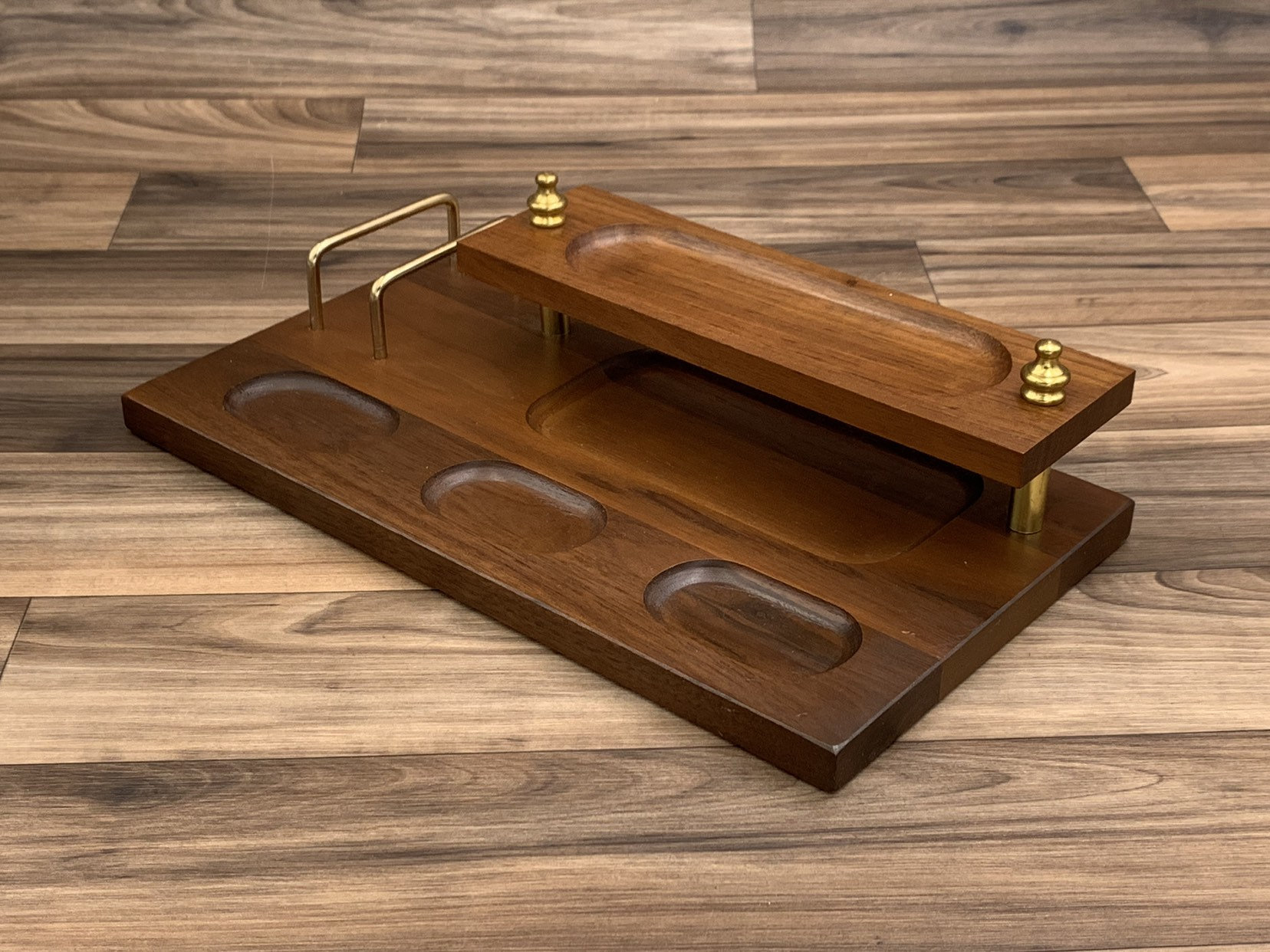 Vintage Dresser Valet walnut wood and brass organizer, Gift for Him