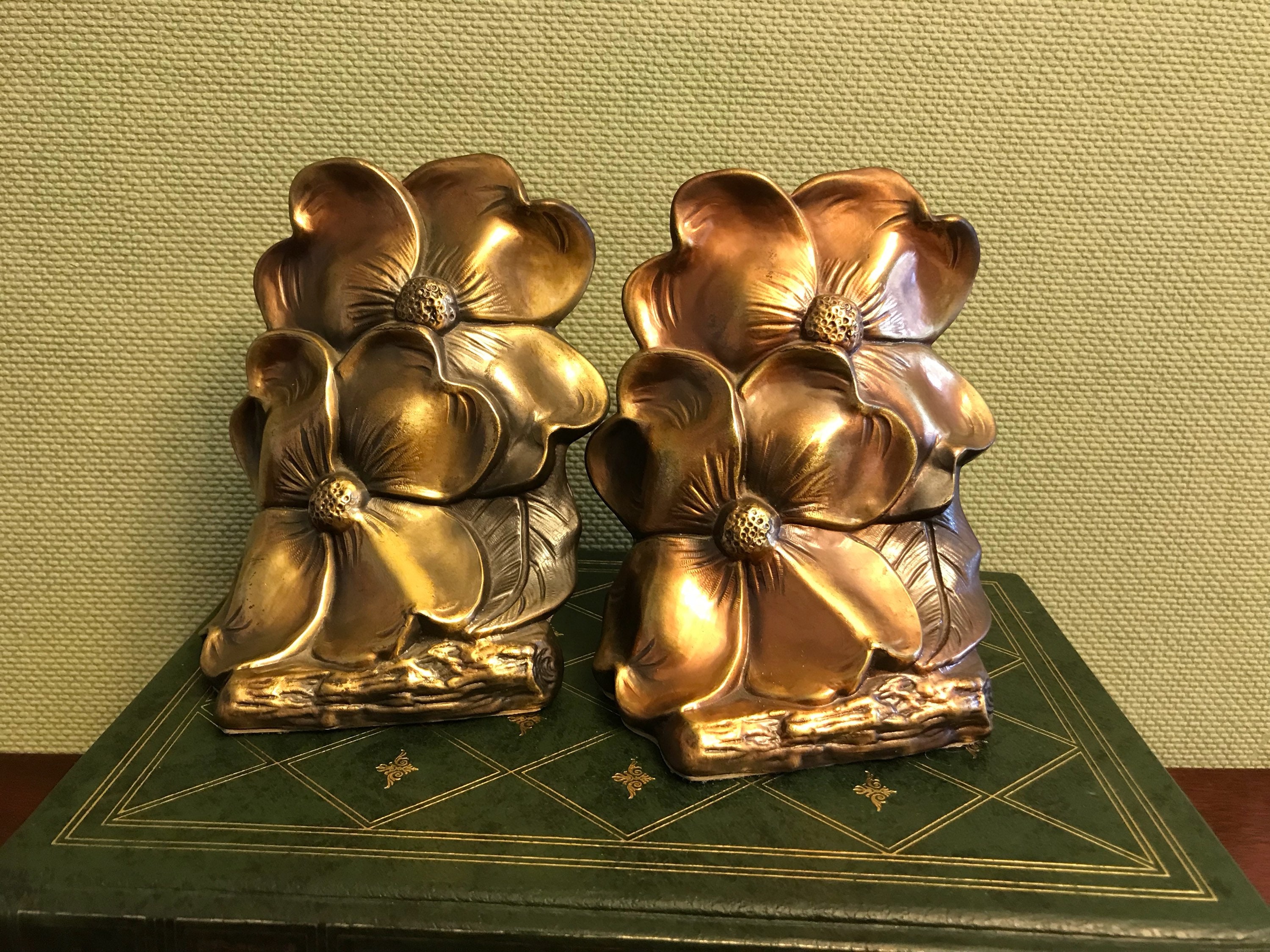 Vintage Gold Bookends, Dogwood flower Hollywood Regency Floral Bookends