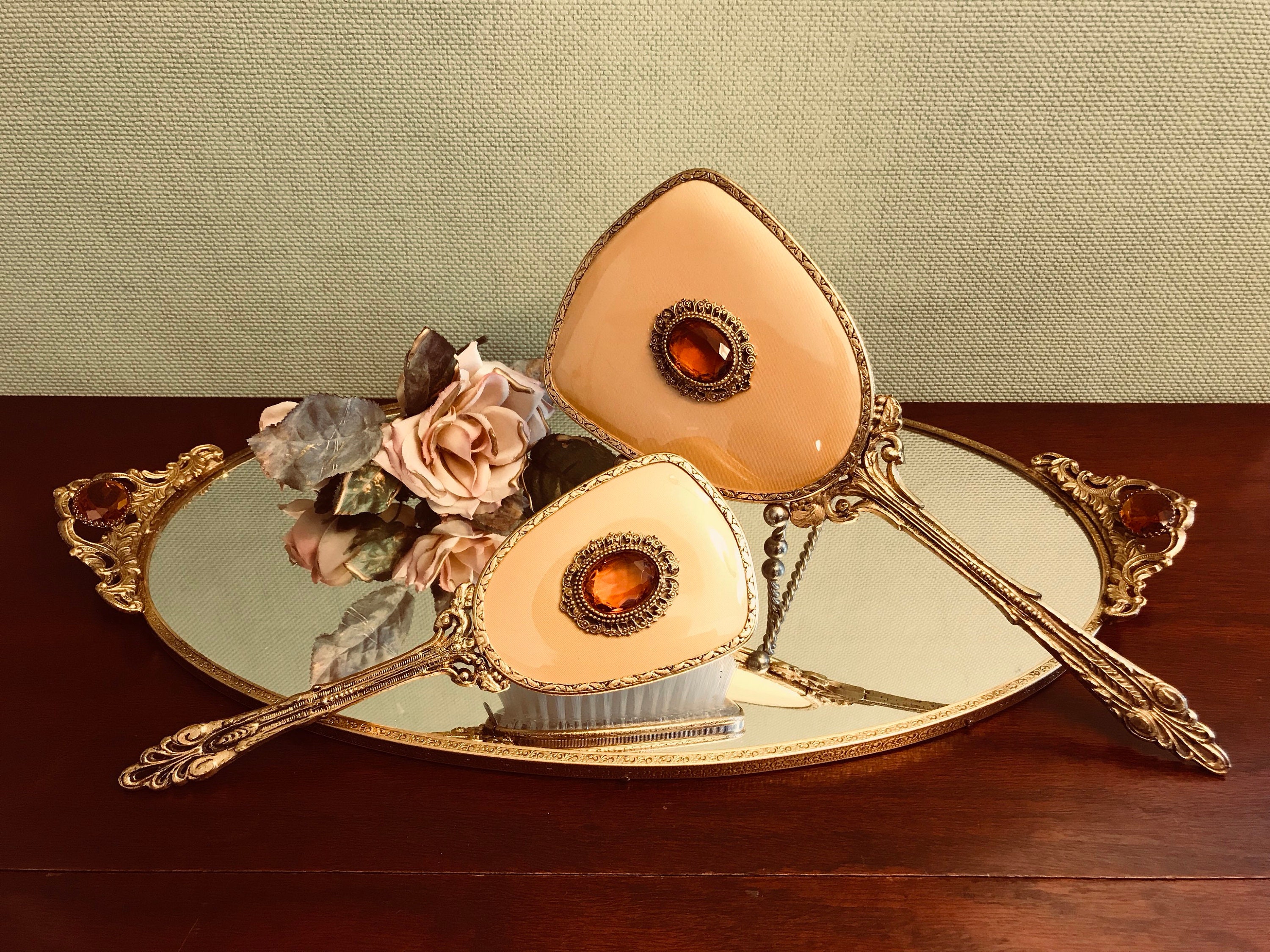 Vintage jeweled vanity set mirror & comb Gnmfd Retro Hand Mirror and Comb Set Peacock Flower Pattern  main image 3