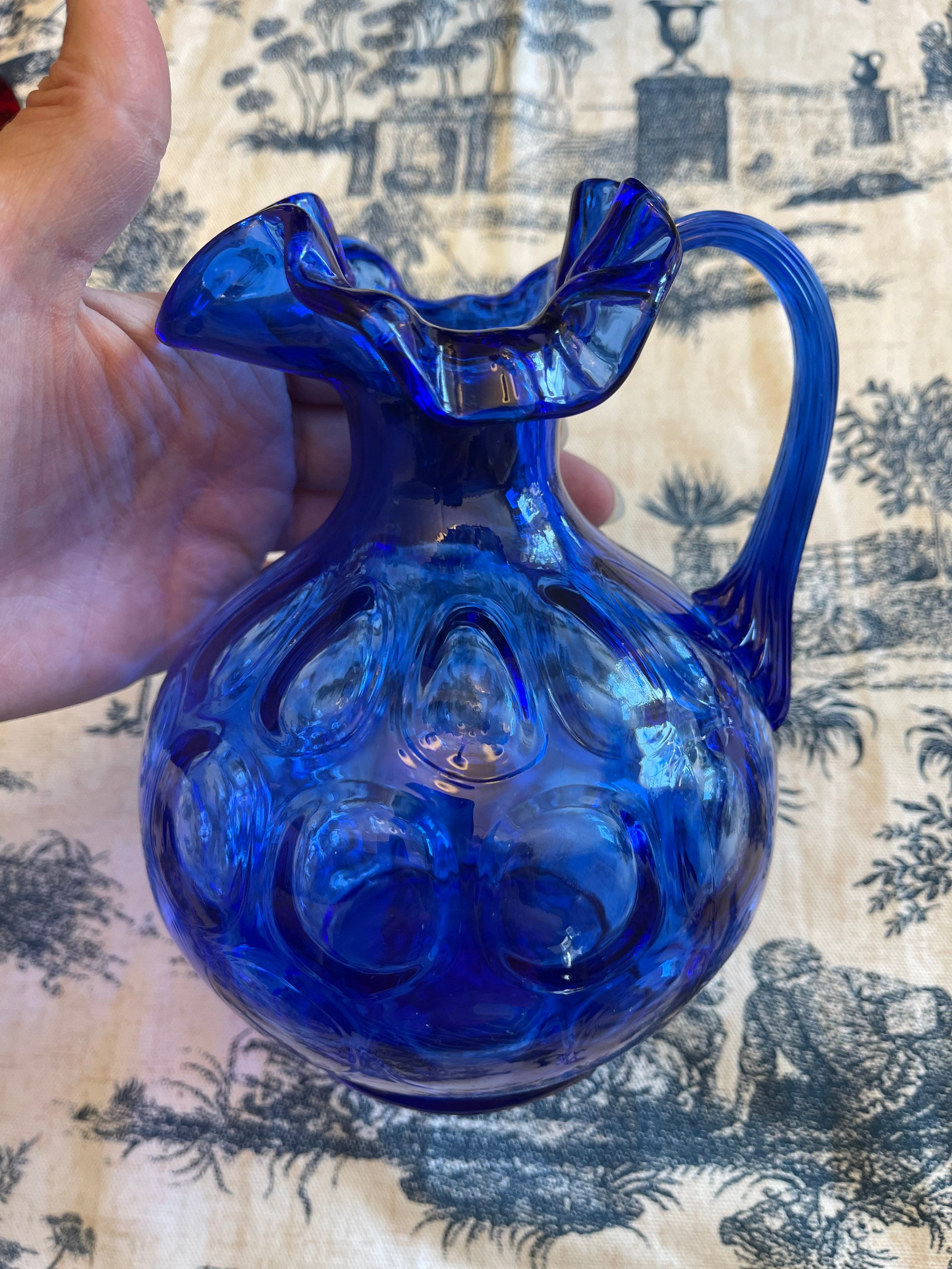 Vintage Cobalt Blue Pitcher, Fenton Coin dot Art glass, Collectible