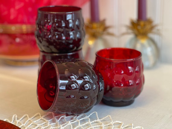 Old Fashioned Bubble Ruby Glasses, Anchor Hocking Drinkware, Vintage Tumblers, 4 Piece set