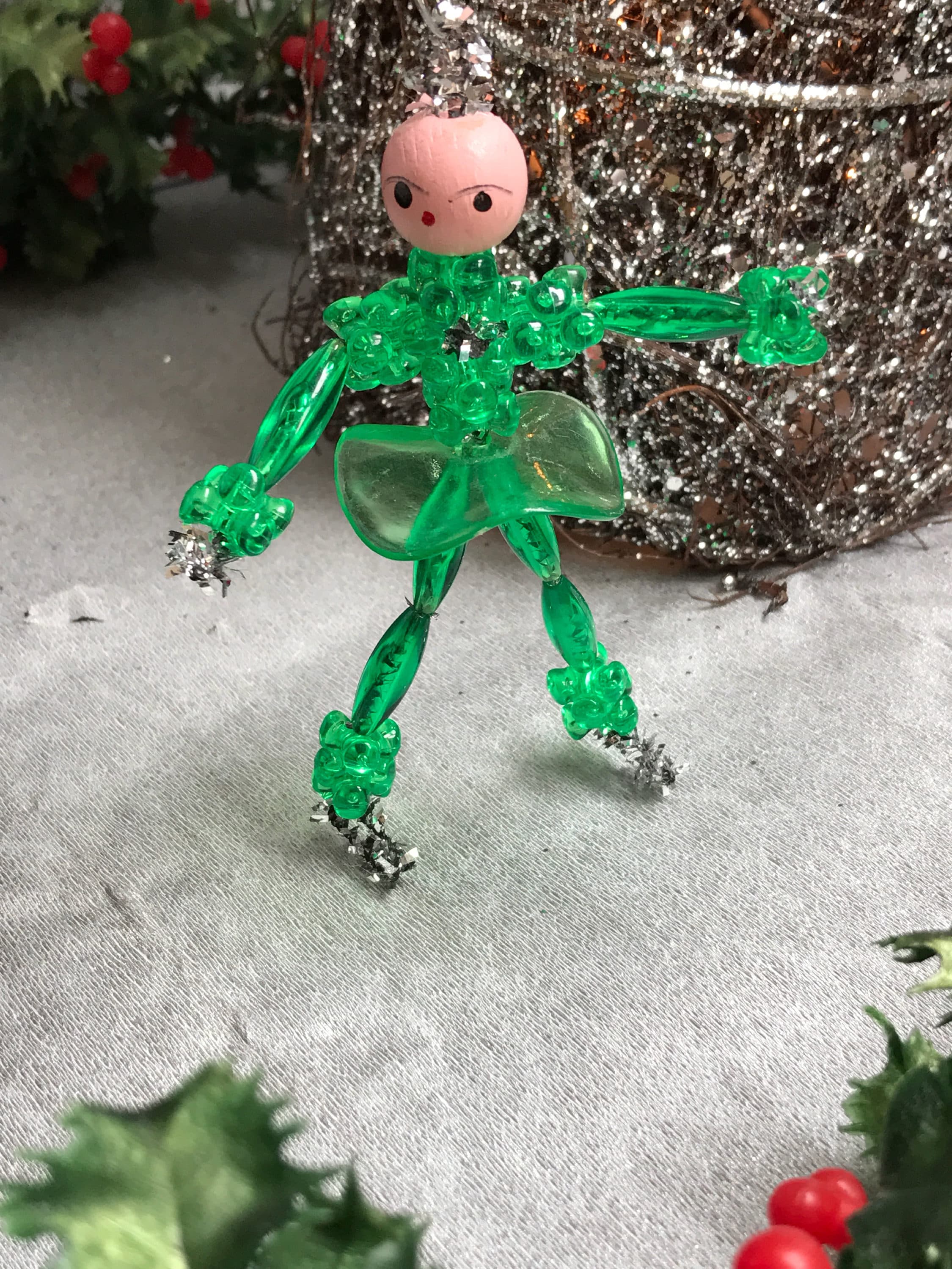 Vintage Ice Skater Ornaments, 1960s Beaded Christmas Ornaments