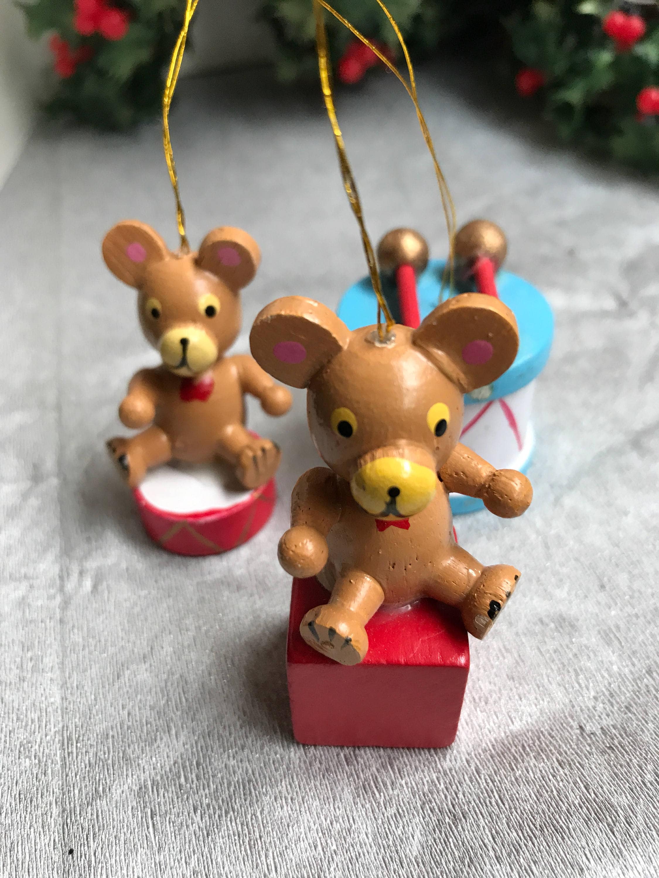 Vintage Wooden Christmas Ornaments, set of miniature toy Christmas Ornaments, Teddy bear and