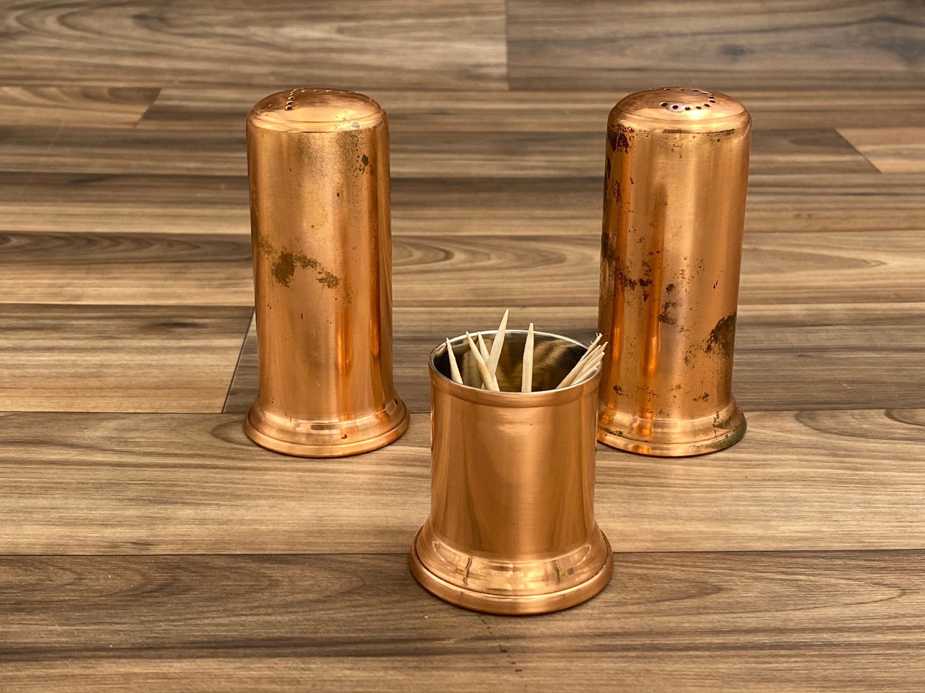 Vintage Copper Salt and Pepper Shakers with toothpick holder, Rustic Farmhouse Home Decor