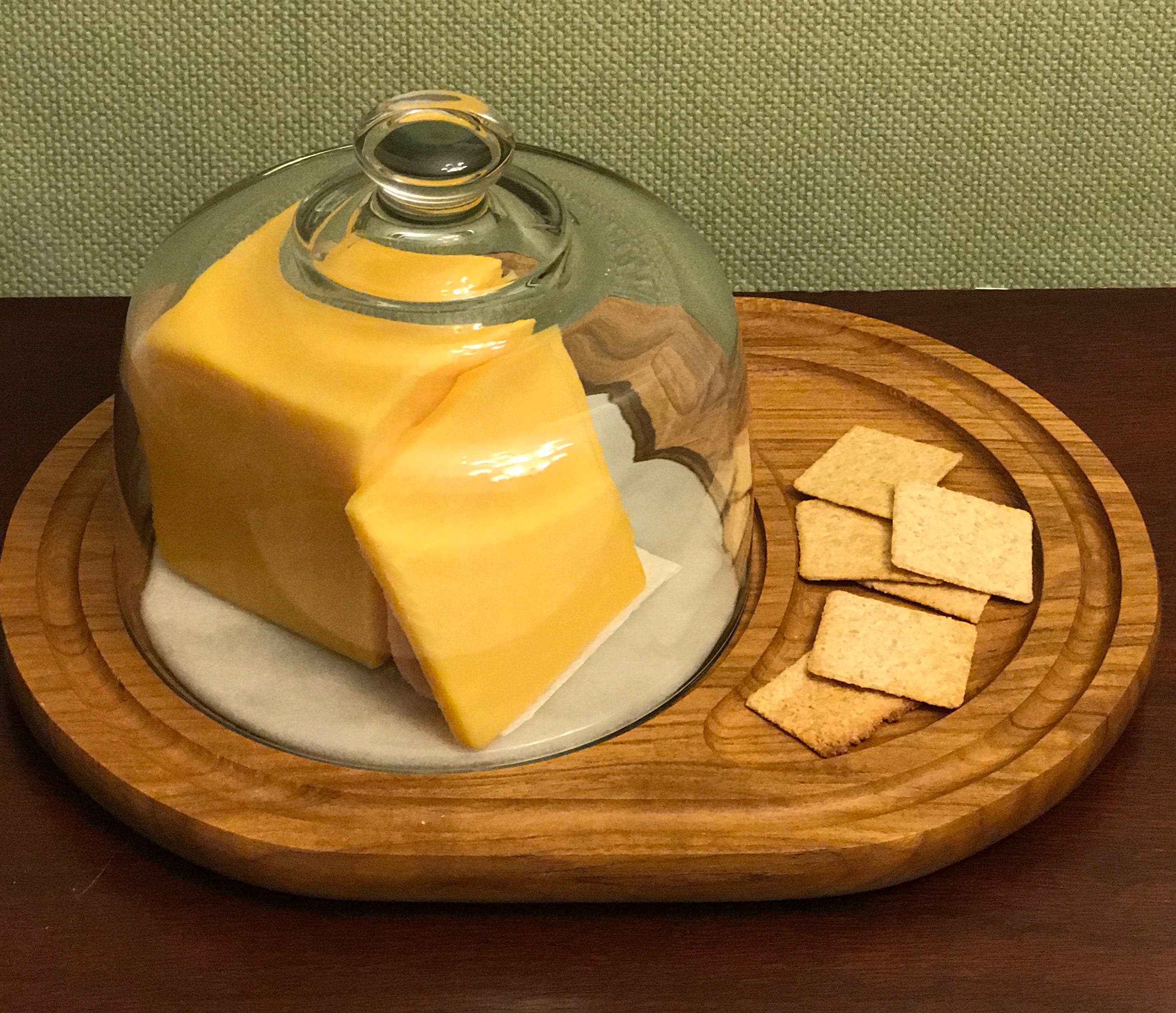 Vintage Teakwood Cheese Server with Glass Dome, Dolphin Cheese Tray