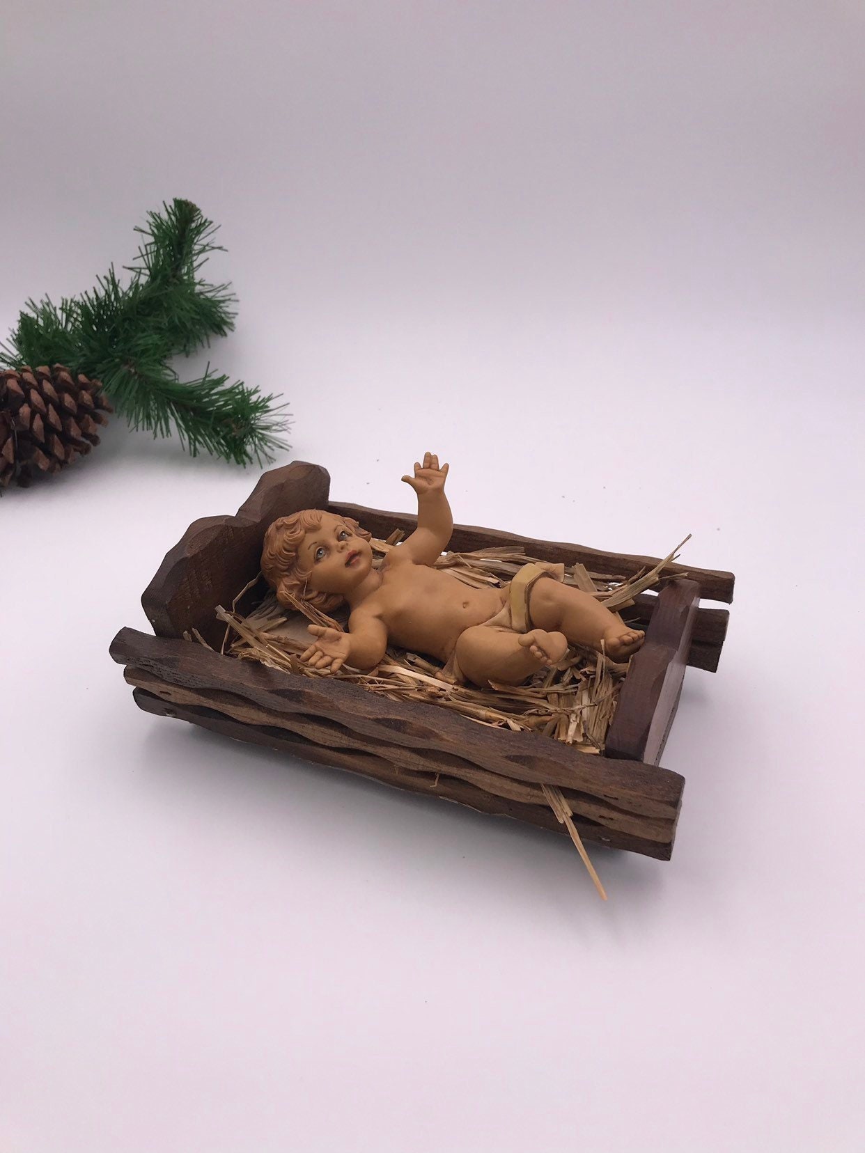 Rare Fontanini Depose Baby Jesus in Wooden Manger, 1950s Nativity
