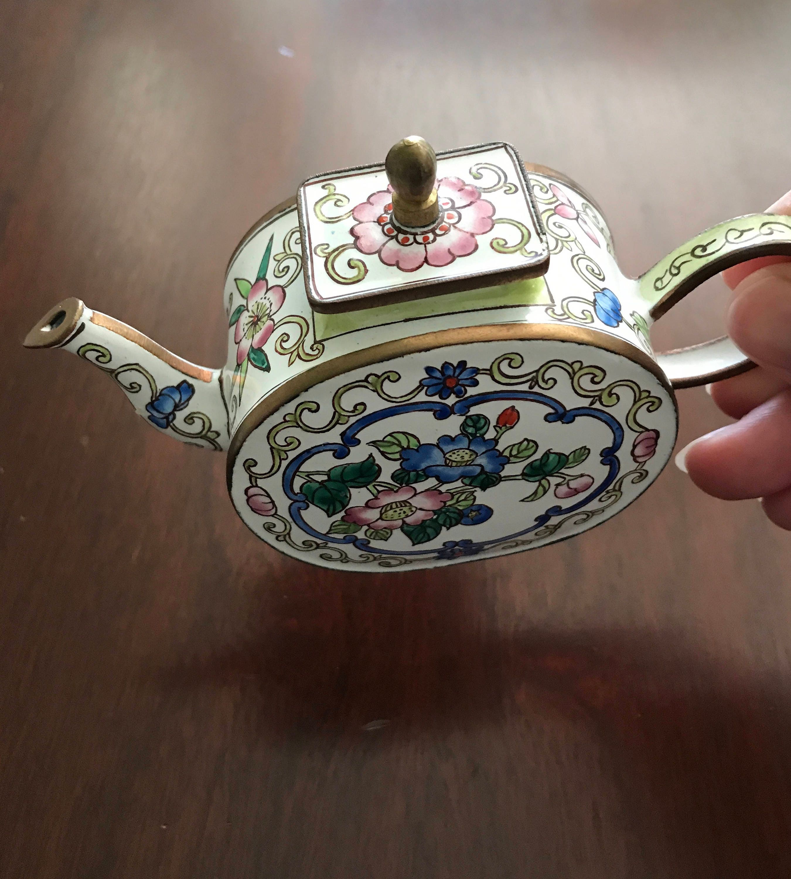 Kelvin Chen Teapot, floral enamel mini Teapot, collectible Teapot