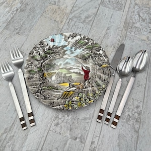 Vintage Flatware Set,  Stanley Roberts Arosa service for 8, Faux wood inset handle silverware, gift for her
