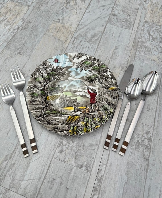 Vintage Flatware Set,  Stanley Roberts Arosa service for 8, Faux wood inset handle silverware, gift for her
