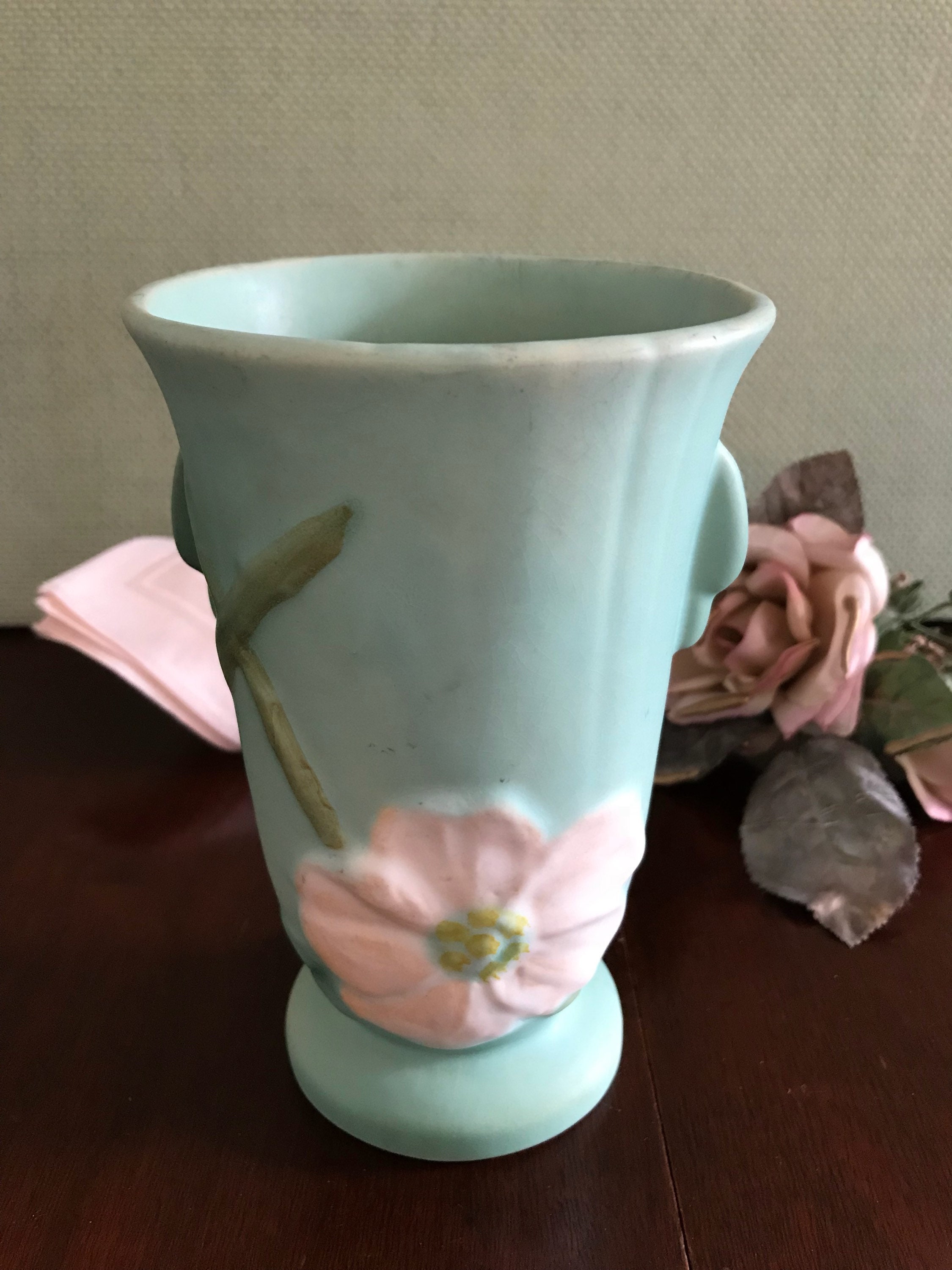 Vintage Weller Pottery Vase, wild rose ceramic vase, mint green Ceramic