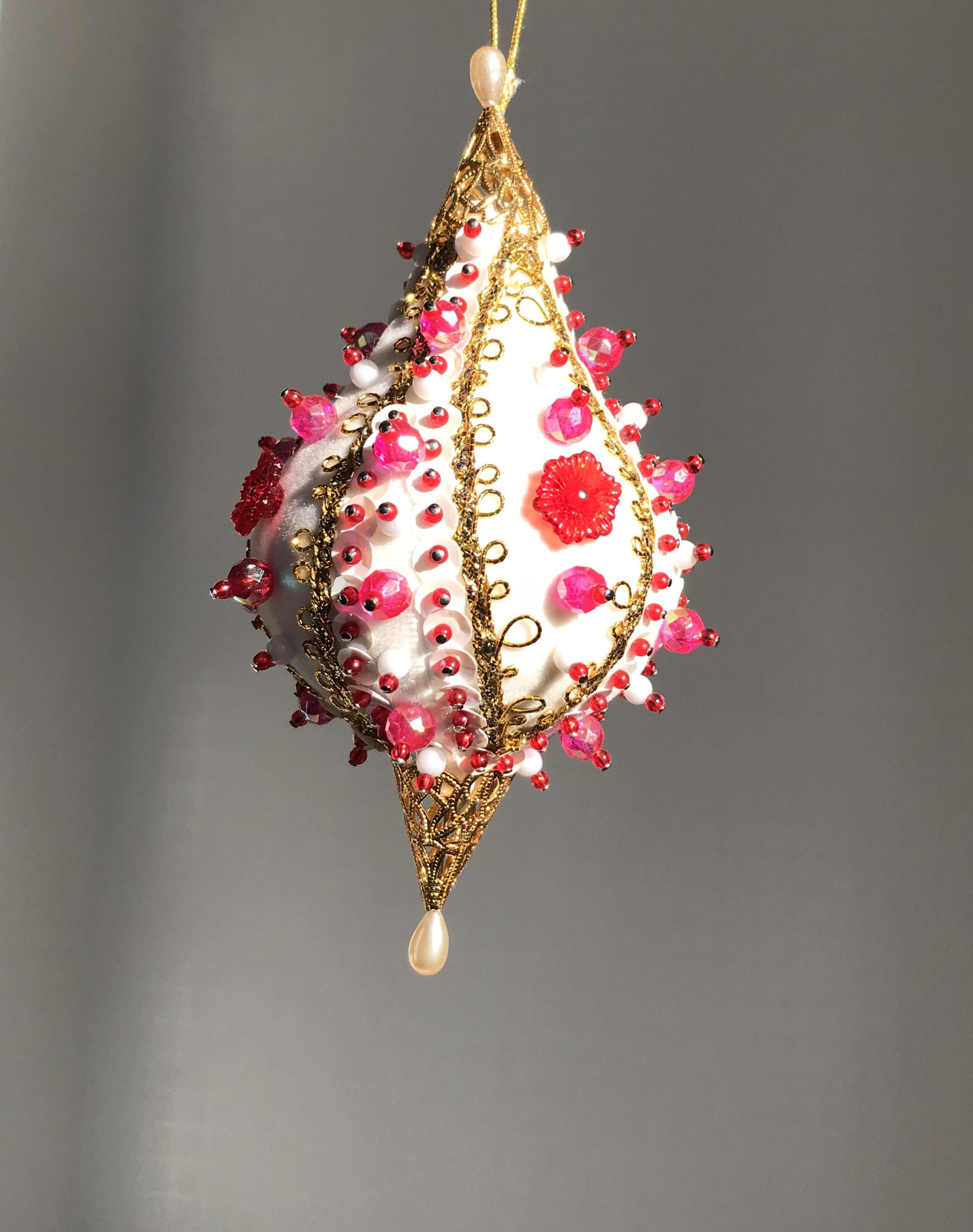 Vintage Beaded Sequined Christmas Ornament, gold pink Bauble, Ornate