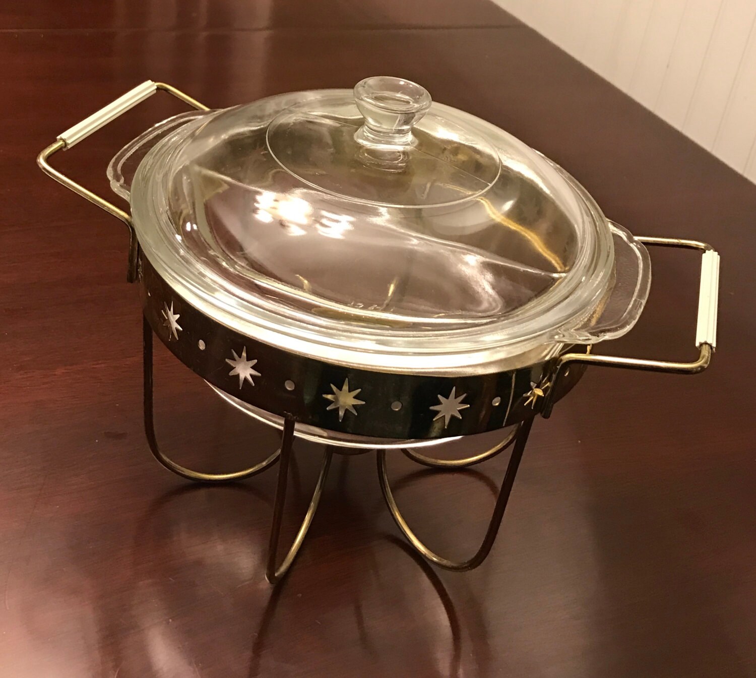 Vintage Casserole, Atomic FireKing divided casserole dish in chafing