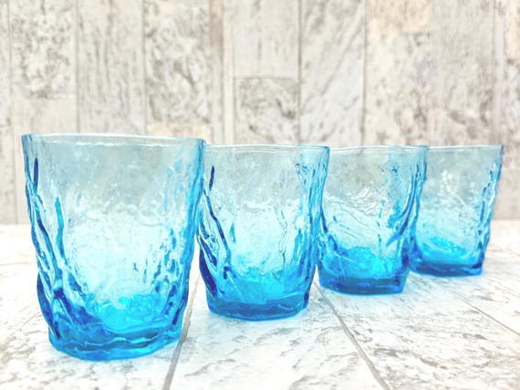 Vintage Drink glasses, Driftwood Peacock Blue, Glass Tumbler, Set of 4