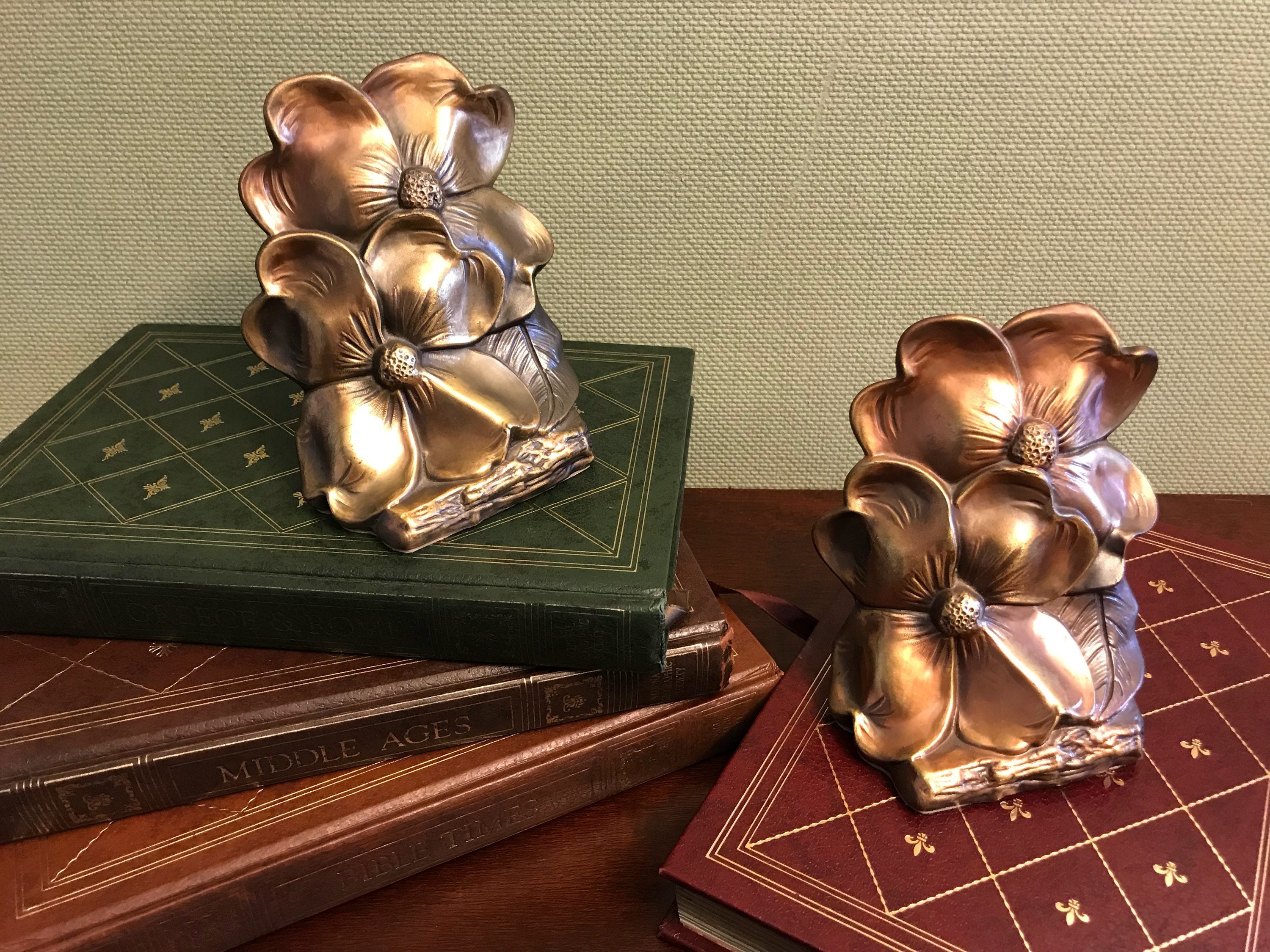 Vintage Gold Bookends, Dogwood flower Hollywood Regency Floral Bookends, Library Decor, Gift for her