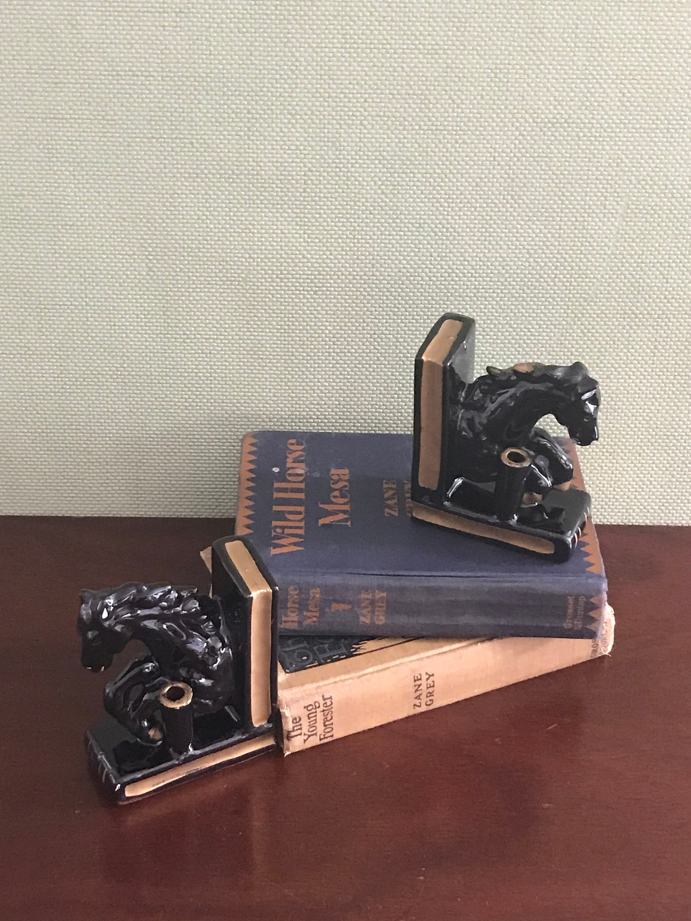 Vintage Black Horse Bookends Ceramic horses on books Equestrian Bookend