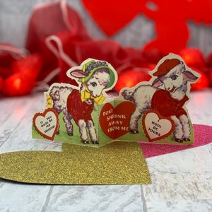 Vintage Flocked Valentines Day Cards, Folding Little Lambs Die Cut Card ...
