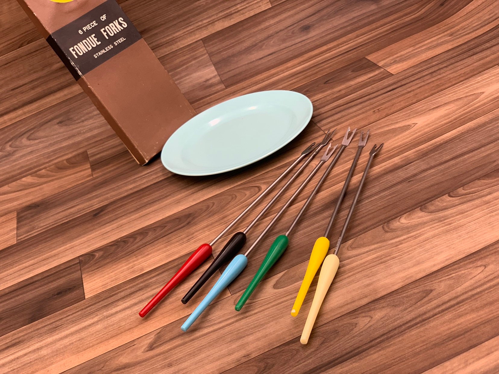 Vintage Fondue Forks, Retro Colored Plastic handles stainless steel