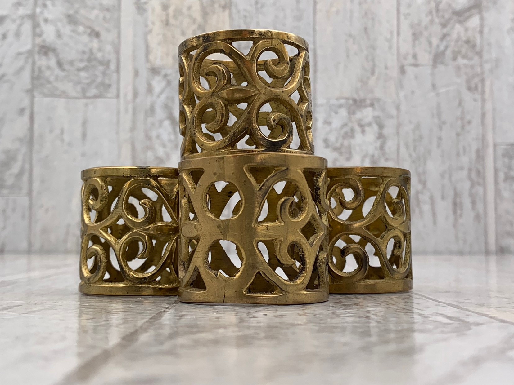 Vintage Pierced Brass Napkin Rings, 4 piece set, scroll design Napkin
